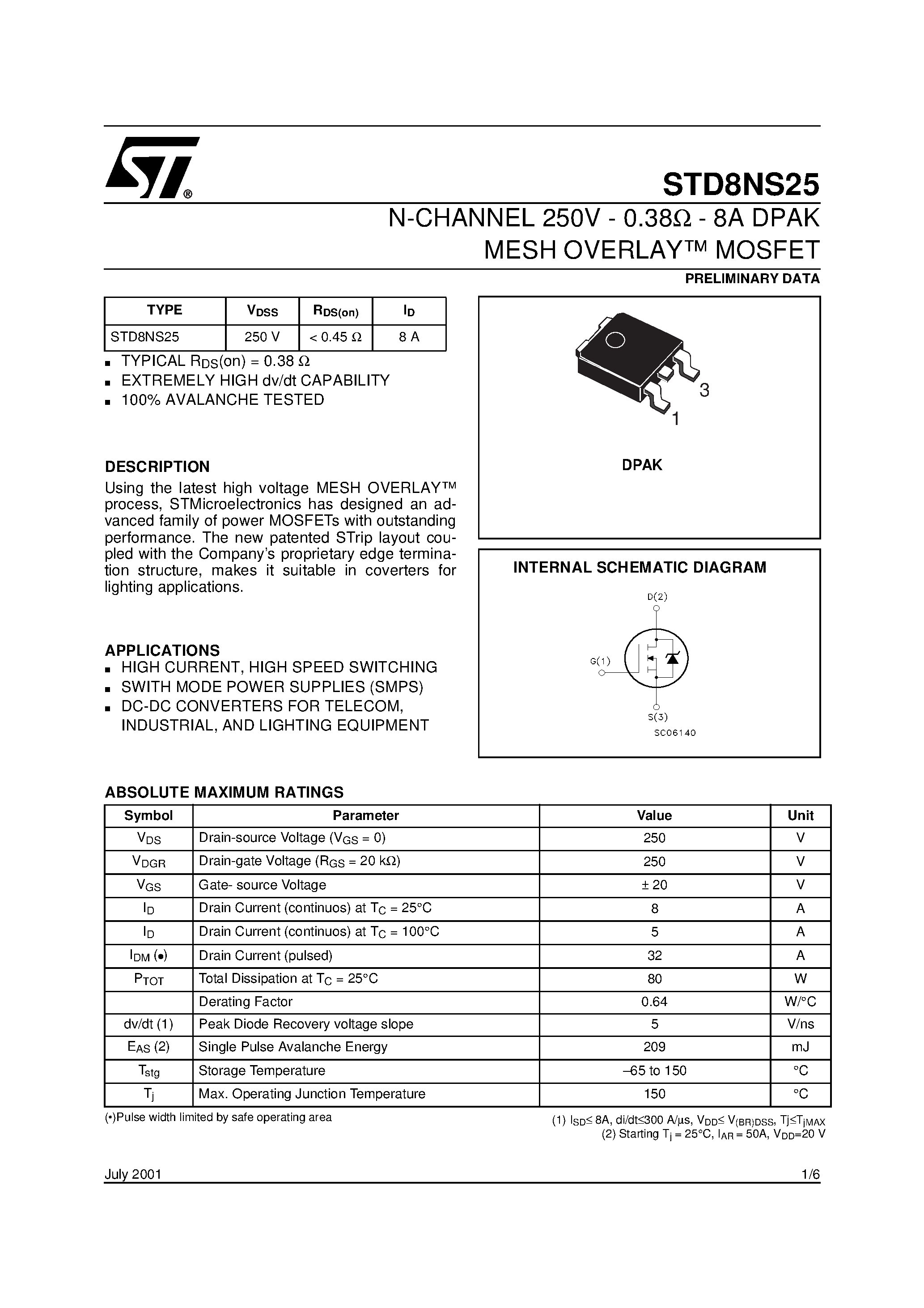 Datasheet STD8NS25 - N-CHANNEL 250V - 0.38ohm - 8A DPAK MESH OVERLAY MOSFET page 1