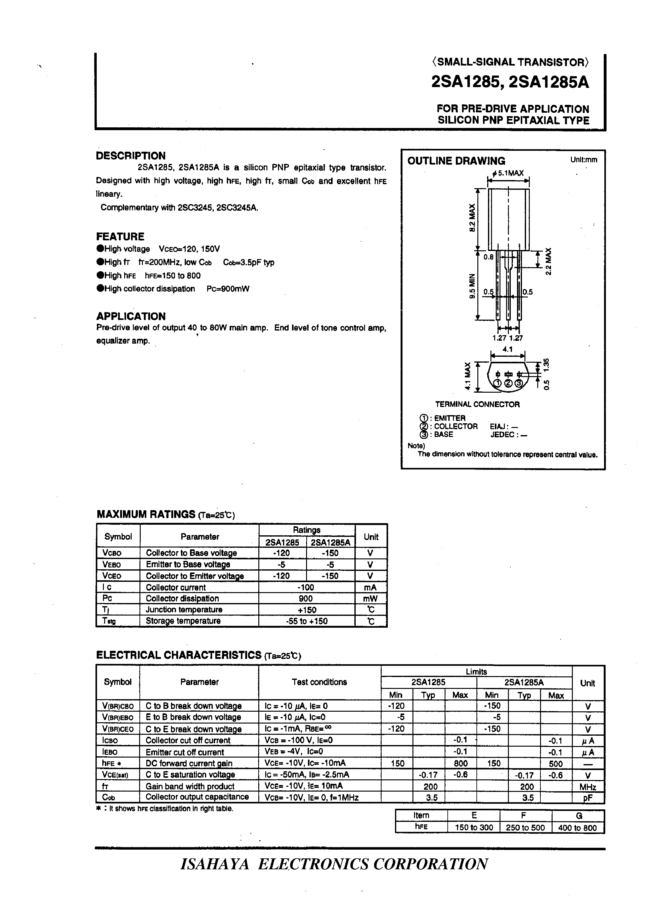 Datasheet 2SA1285 page 1 Datasheet 2SA1285 - FOR PRE-DRIVE APPLICATION SILICON PNP EPITAXIAL TYPE page 1