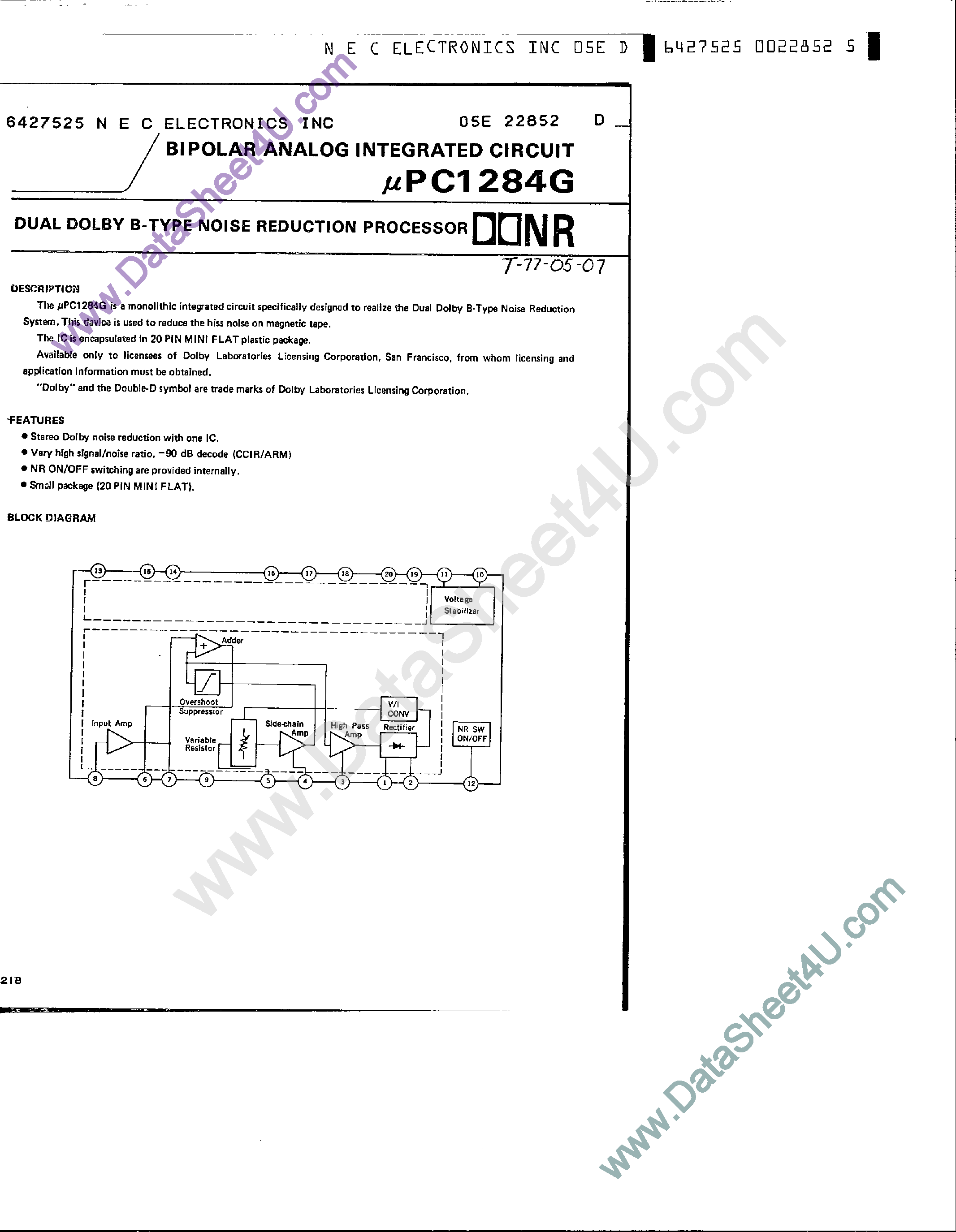 Даташит UPC1284G - Noise Reduction Circuit - Dobly B страница 1