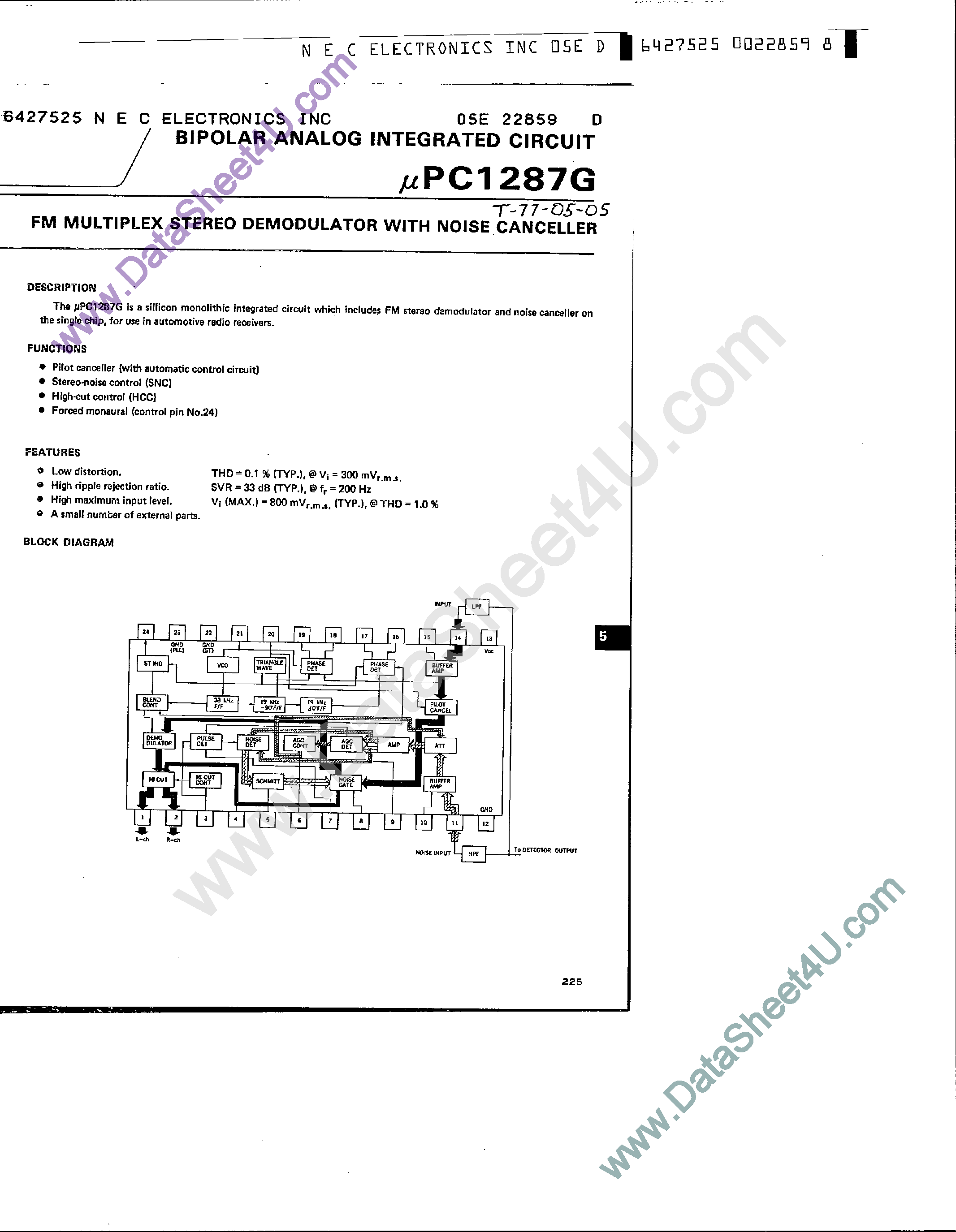 Даташит UPC1287G - IF-Tuning-Signal Processing Circuit - FM MPX Stereo Demodulator w/Noise Cancel страница 1