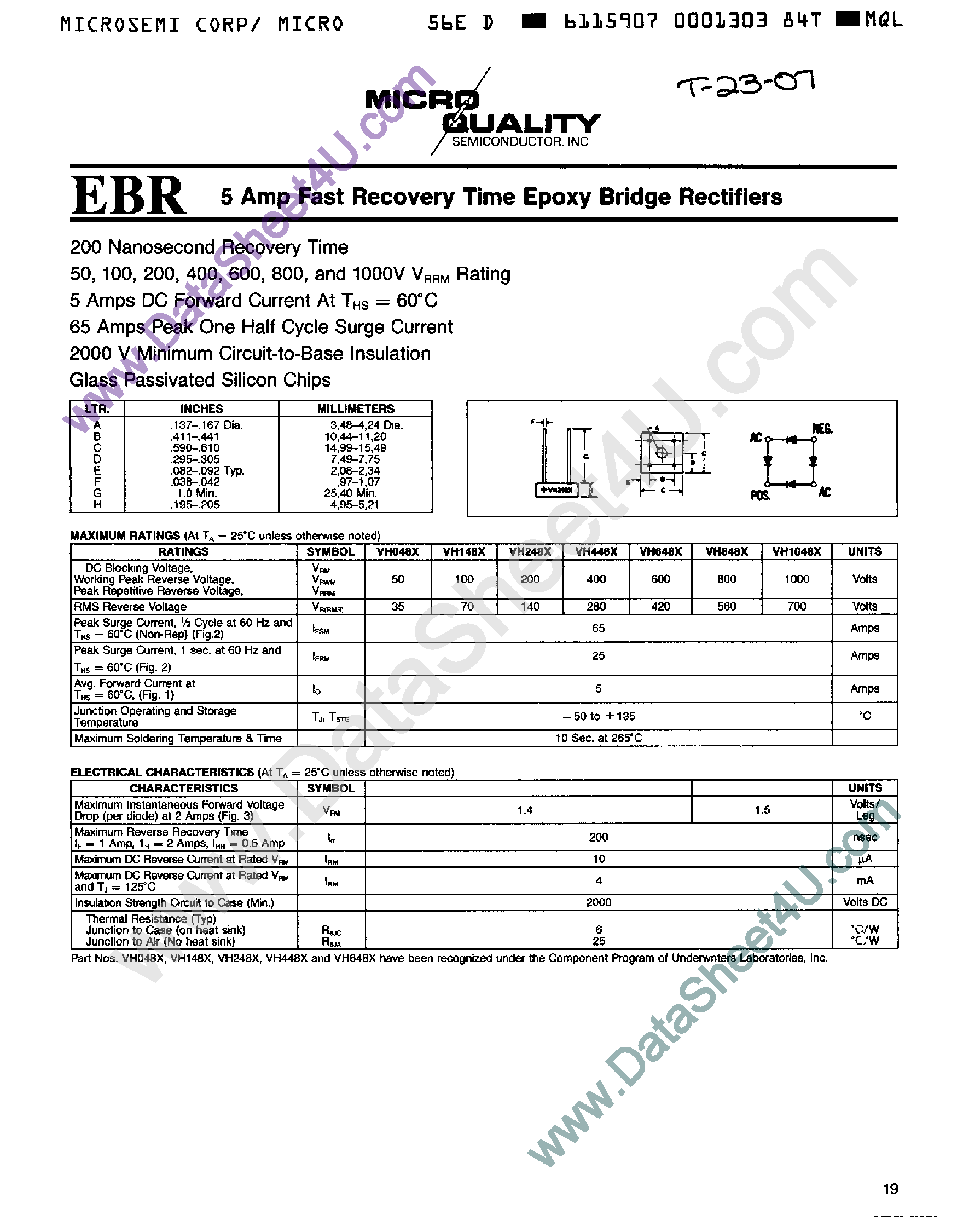 Datasheet VH048X page 1 Datasheet VH048X - 5 Amp Fast Recovery Time Epoxy Bridge Rectifiers page 1
