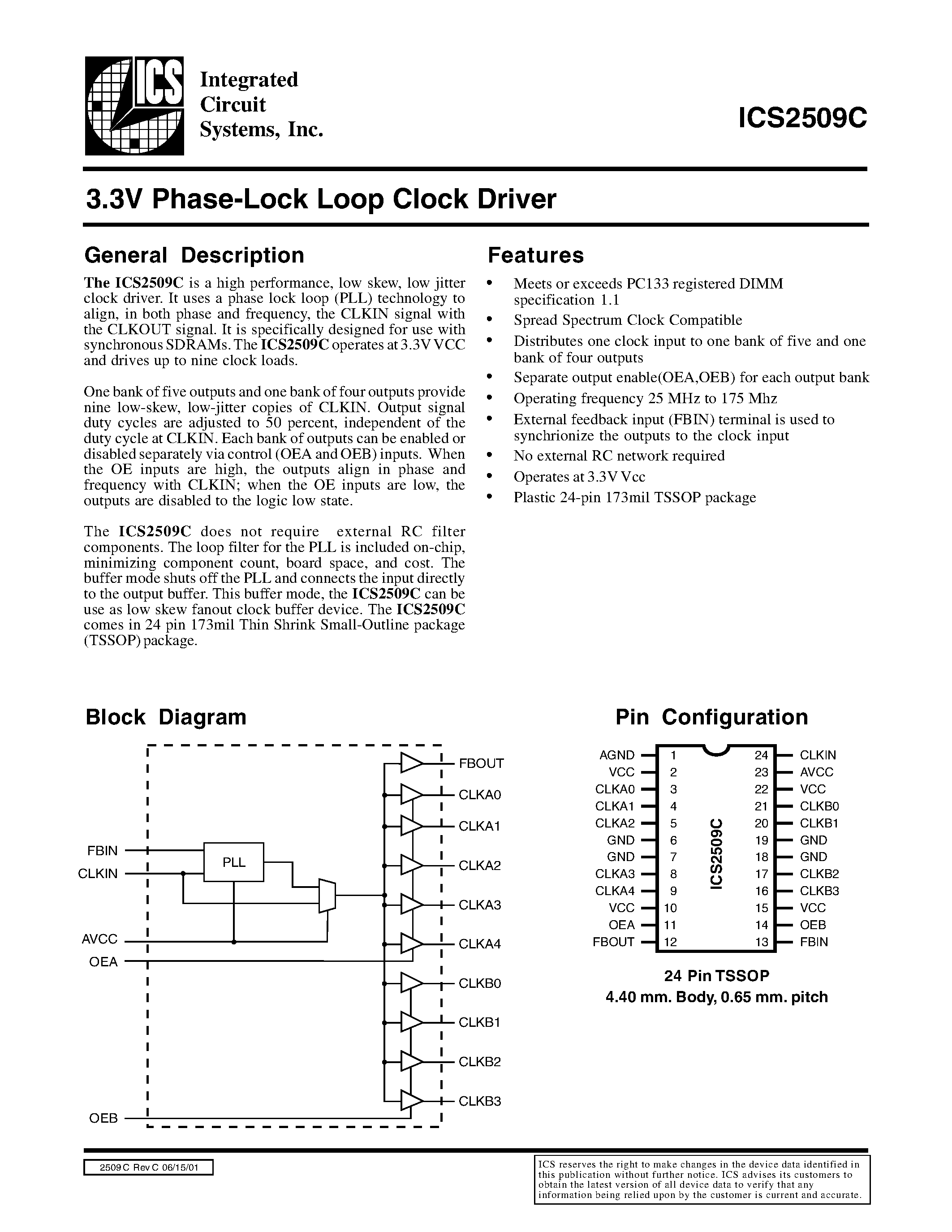 Даташит ICS2509C - 3.3V Phase-Lock Loop Clock Driver страница 1