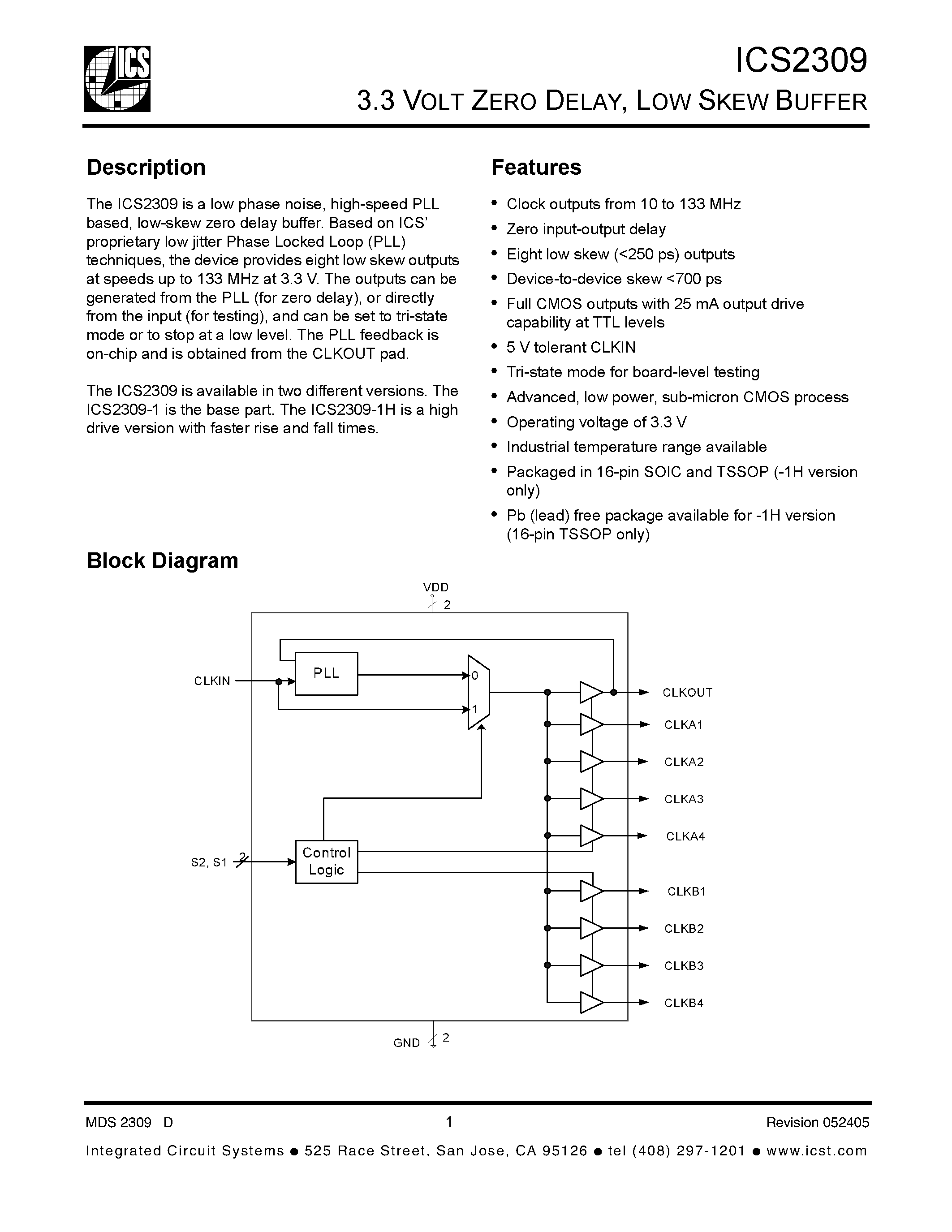 Datasheet ICS2309 - 3.3 VOLT ZERO DELAY / LOW SKEW BUFFER page 1