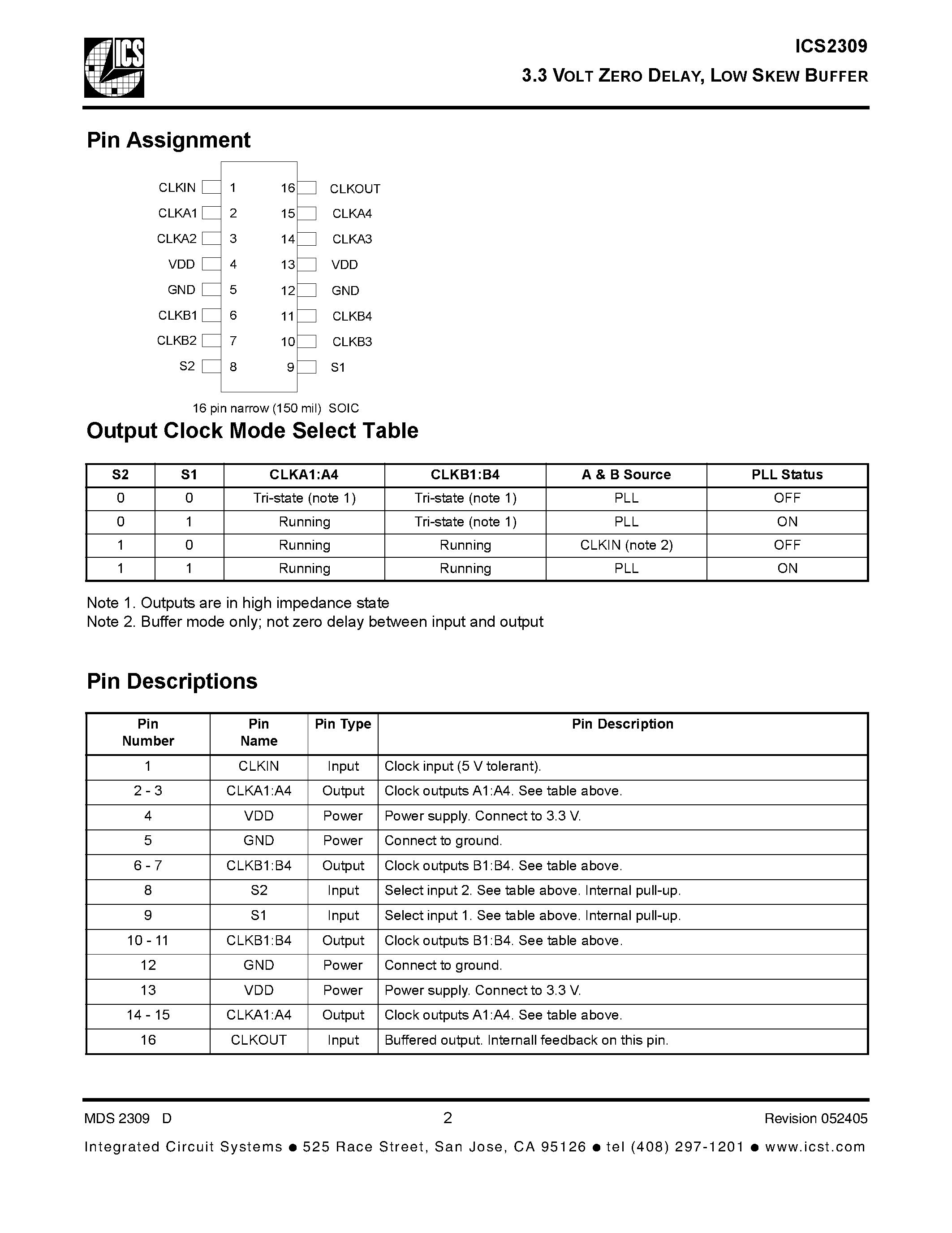Datasheet ICS2309 - 3.3 VOLT ZERO DELAY / LOW SKEW BUFFER page 2