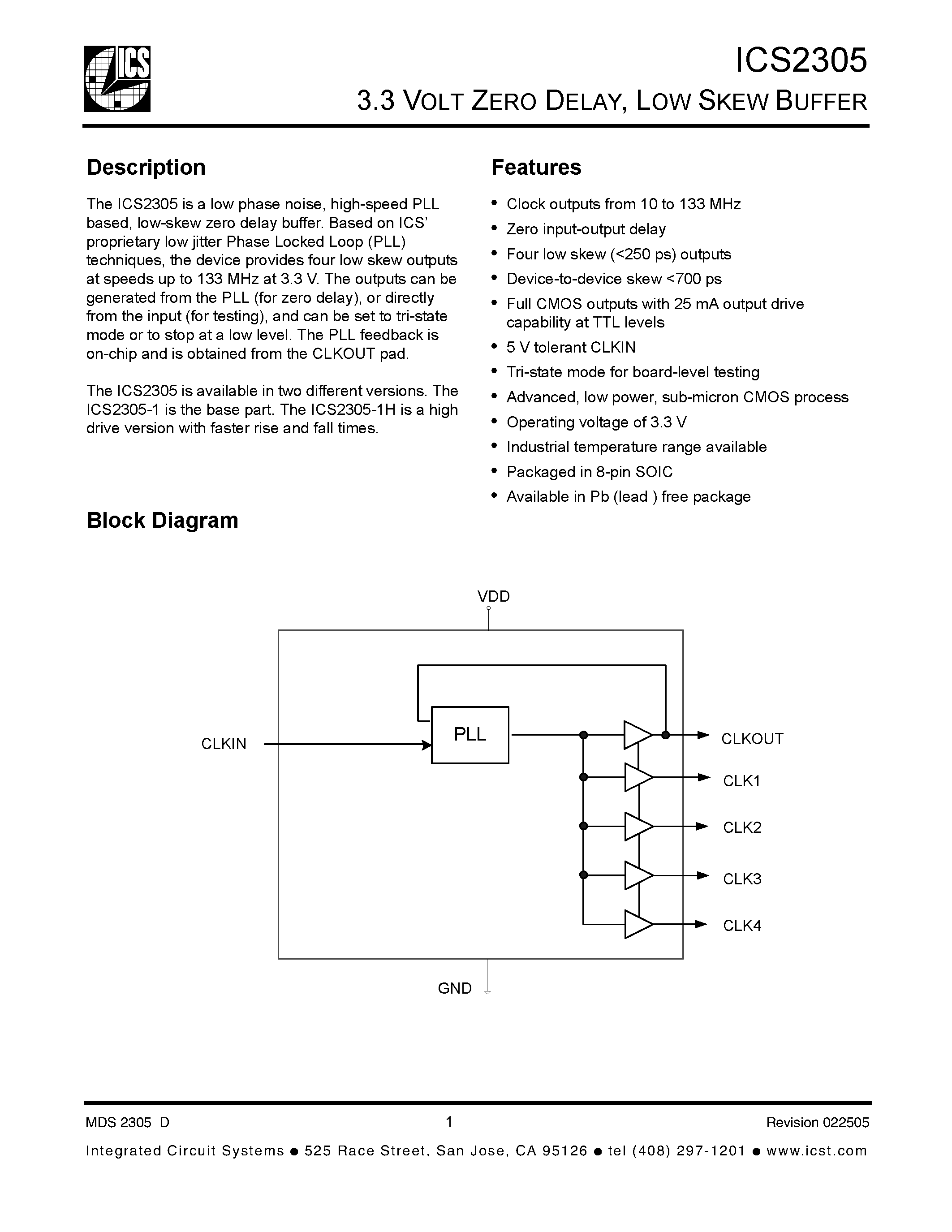 Datasheet ICS2305 - 3.3 VOLT ZERO DELAY / LOW SKEW BUFFER page 1
