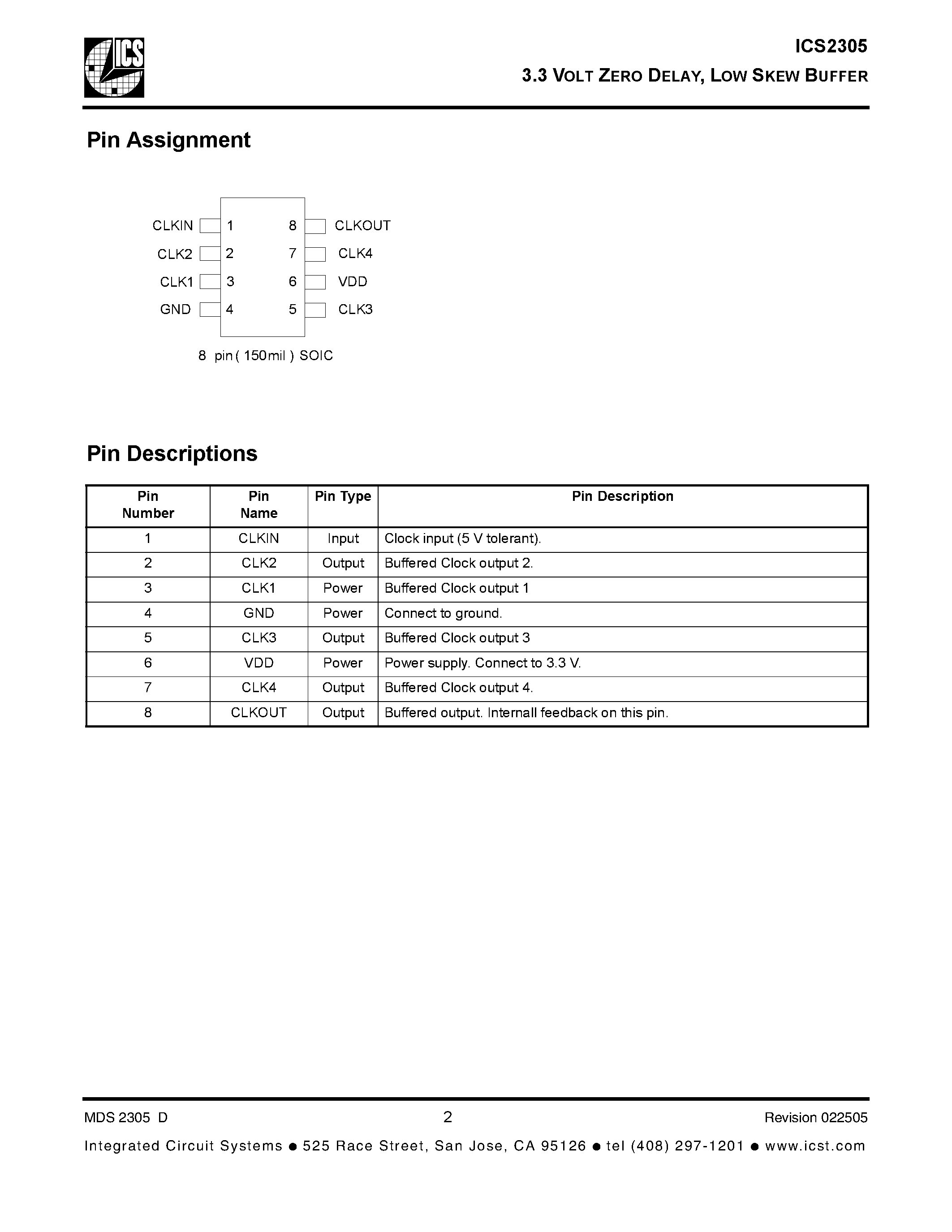 Datasheet ICS2305 - 3.3 VOLT ZERO DELAY / LOW SKEW BUFFER page 2