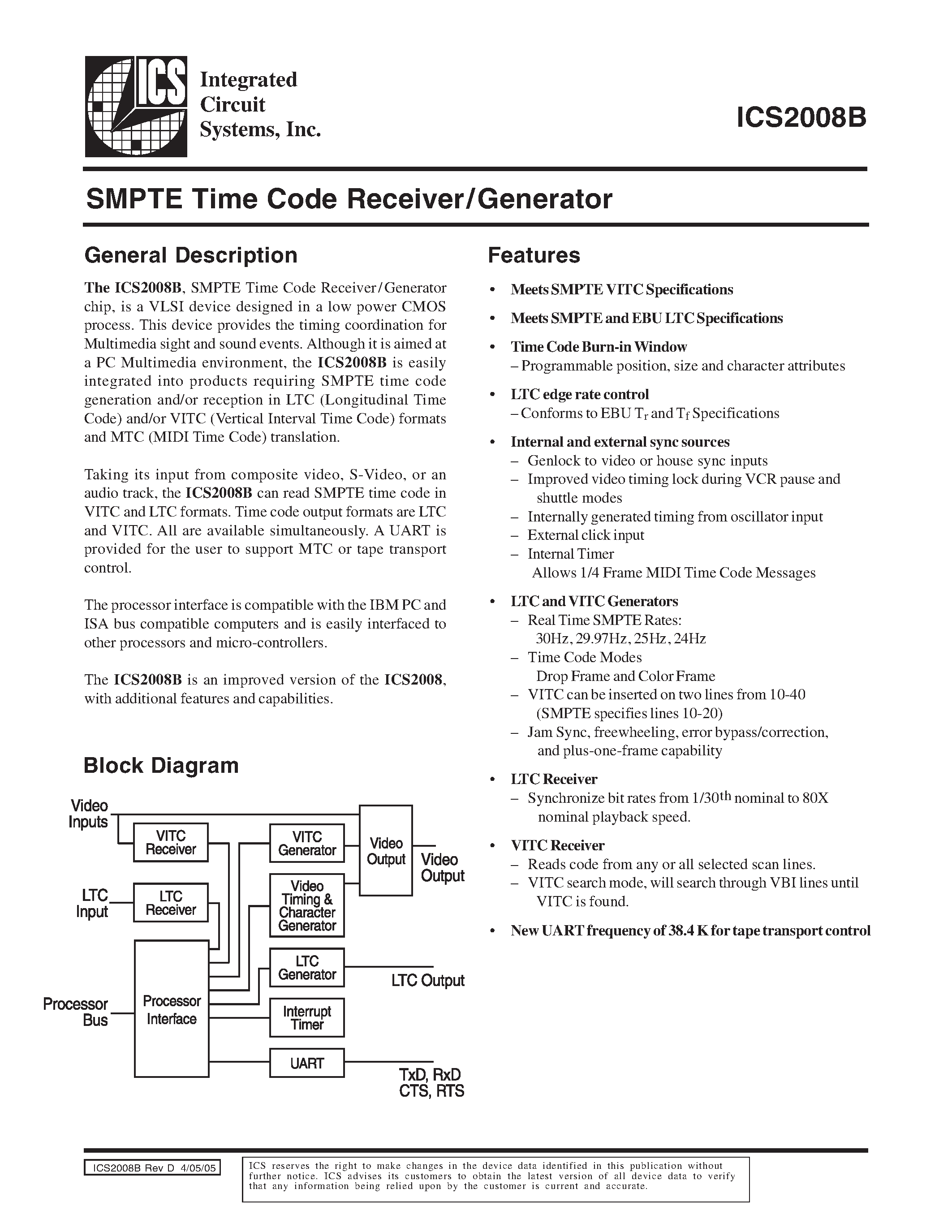 Даташит на микросхему ICS2008B страница 1 Даташит ICS2008B - SMPTE Time Code Receiver/Generator страница 1
