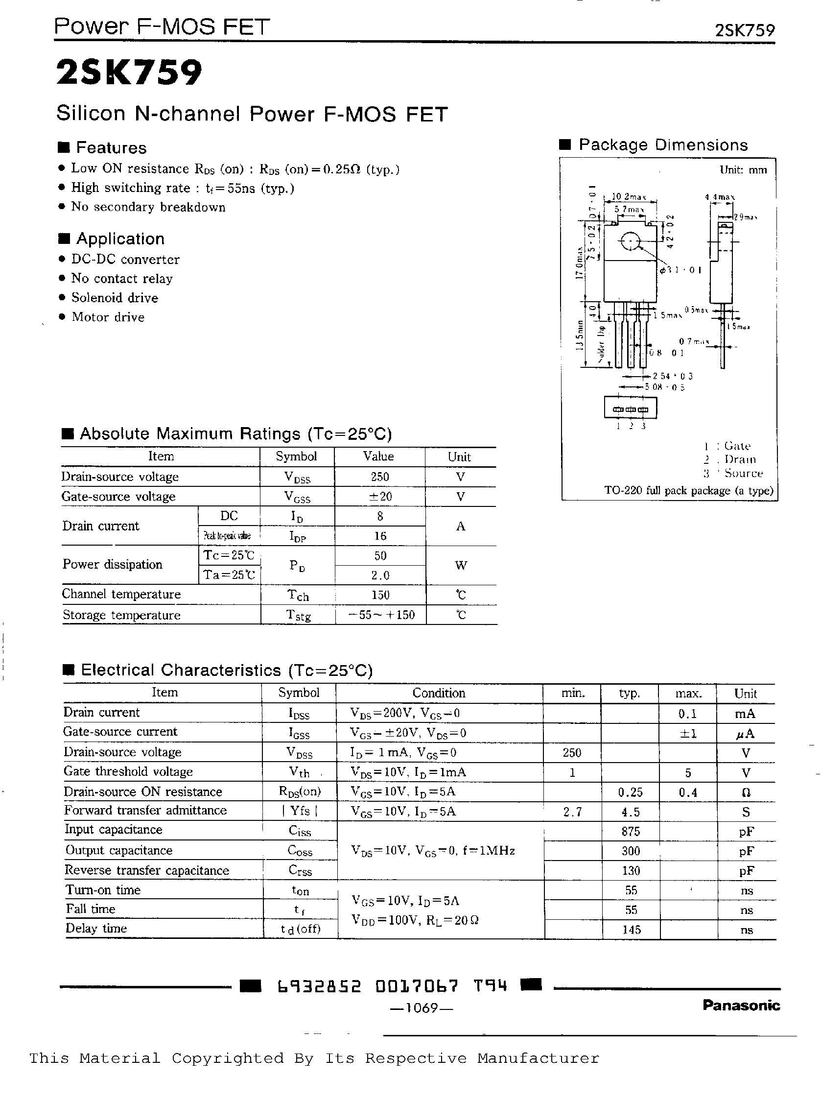 Даташит на микросхему 2SK759 страница 1 Даташит 2SK759 - Silicon N-channel Power F-MOS FET страница 1