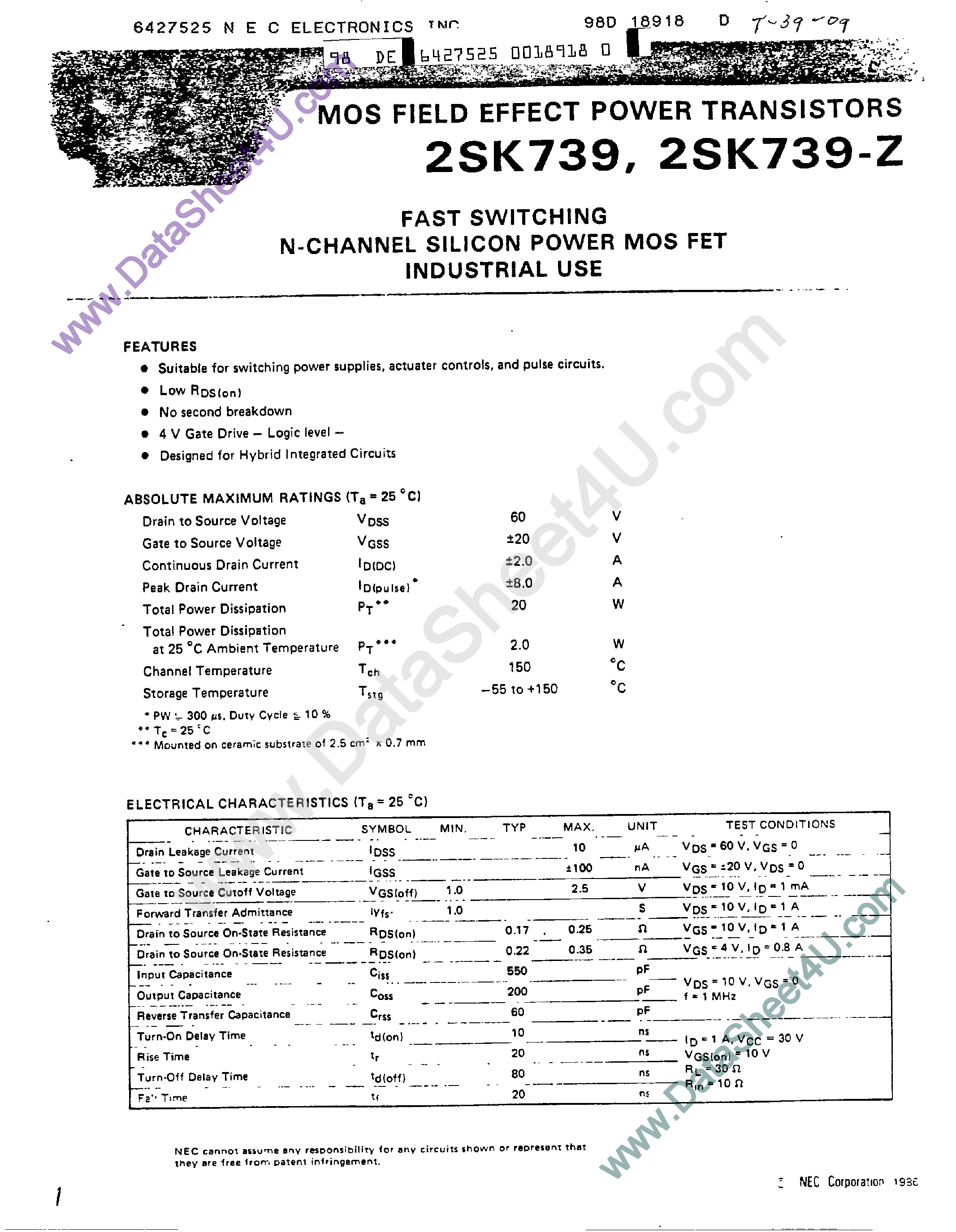 Datasheet 2SK739 - Fast Switching N-Channel Silicon Power MOSFET page 1