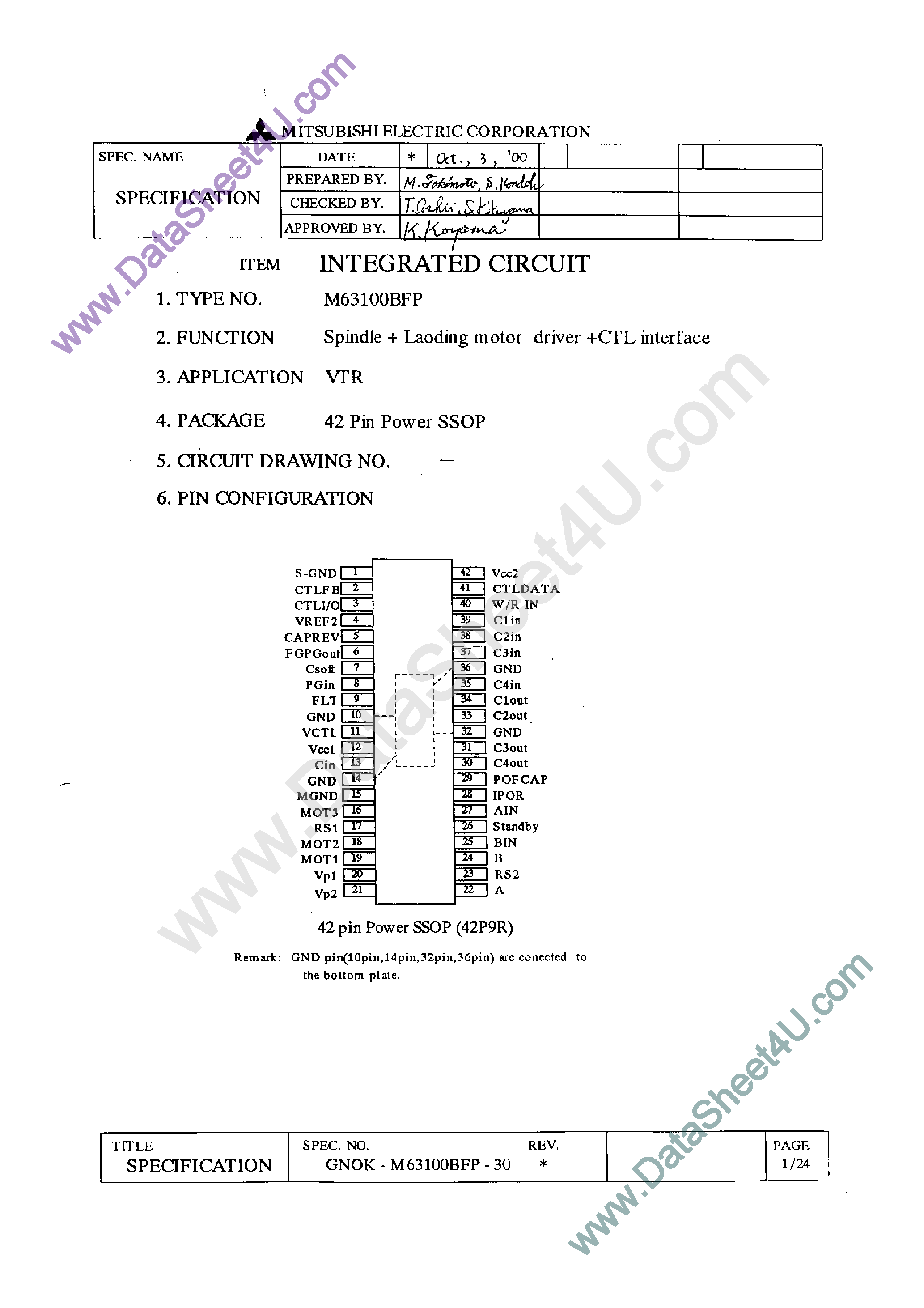 Datasheet M63100BFP page 1 Datasheet M63100BFP - Spindle + Loading Motor Driver + CTL Interface page 1