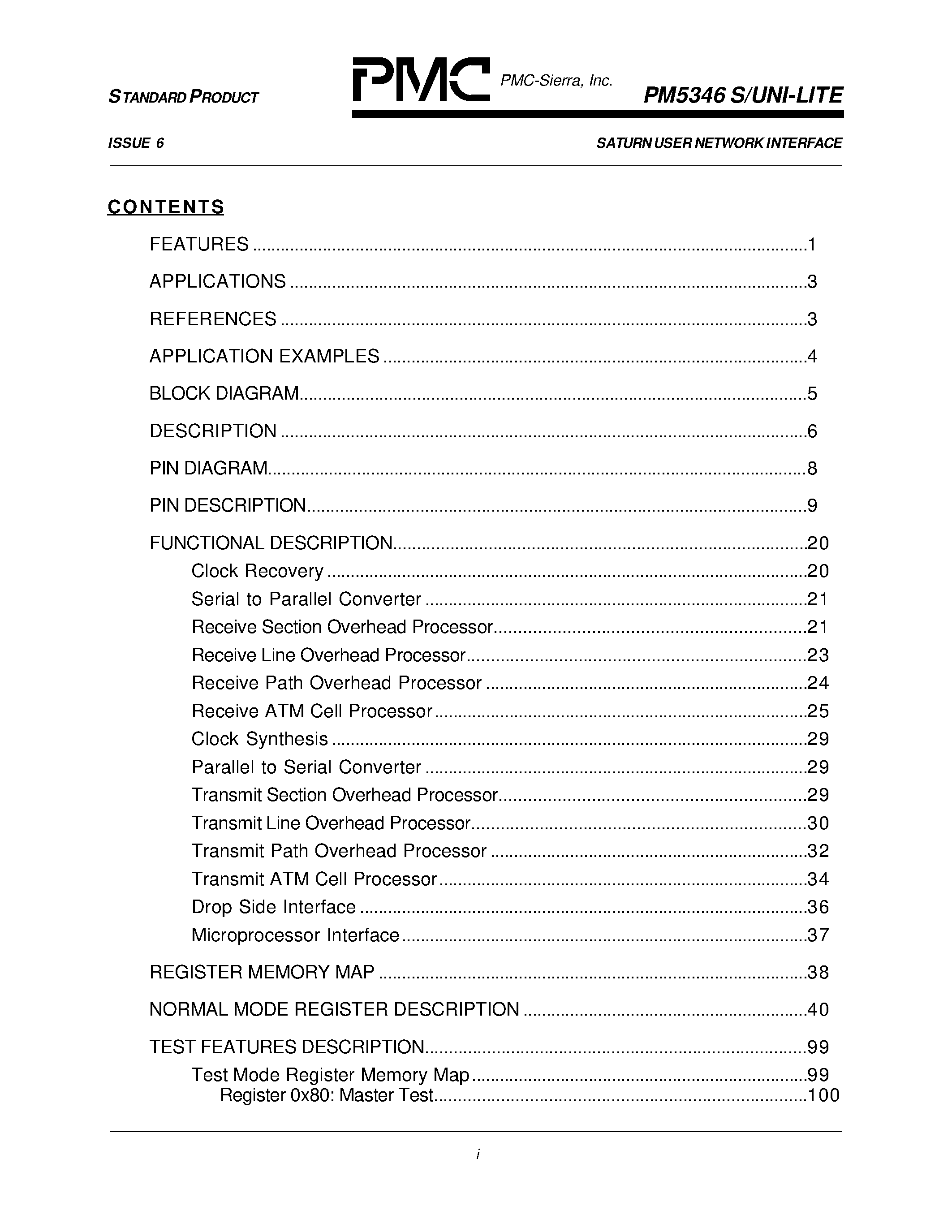 Datasheet PM5346 page 2 Datasheet PM5346 - SATURN USER NETWORK INTERFACE(155.52 & 51.84 Mbit/s) page 2