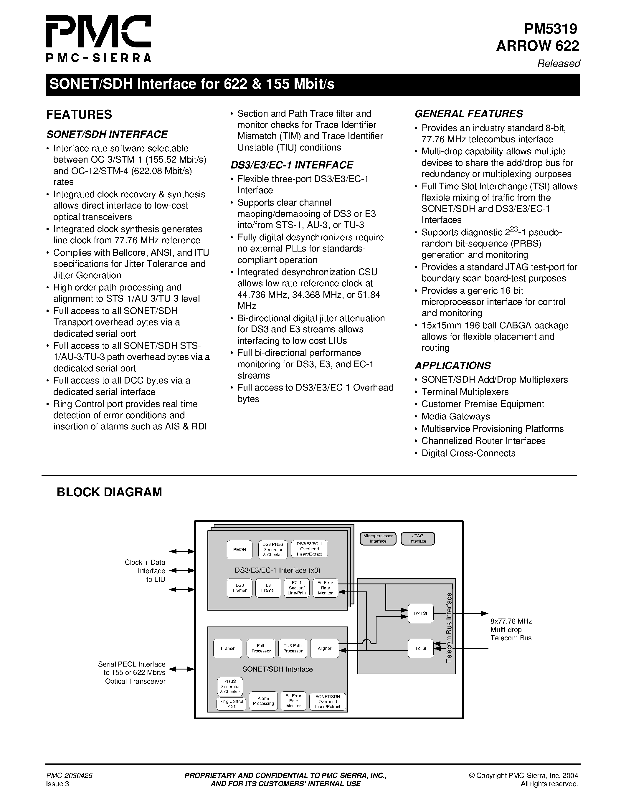 Datasheet PM5319 page 1 Datasheet PM5319 - SONET/SDH Interface for 622 & 155 Mbit/s page 1