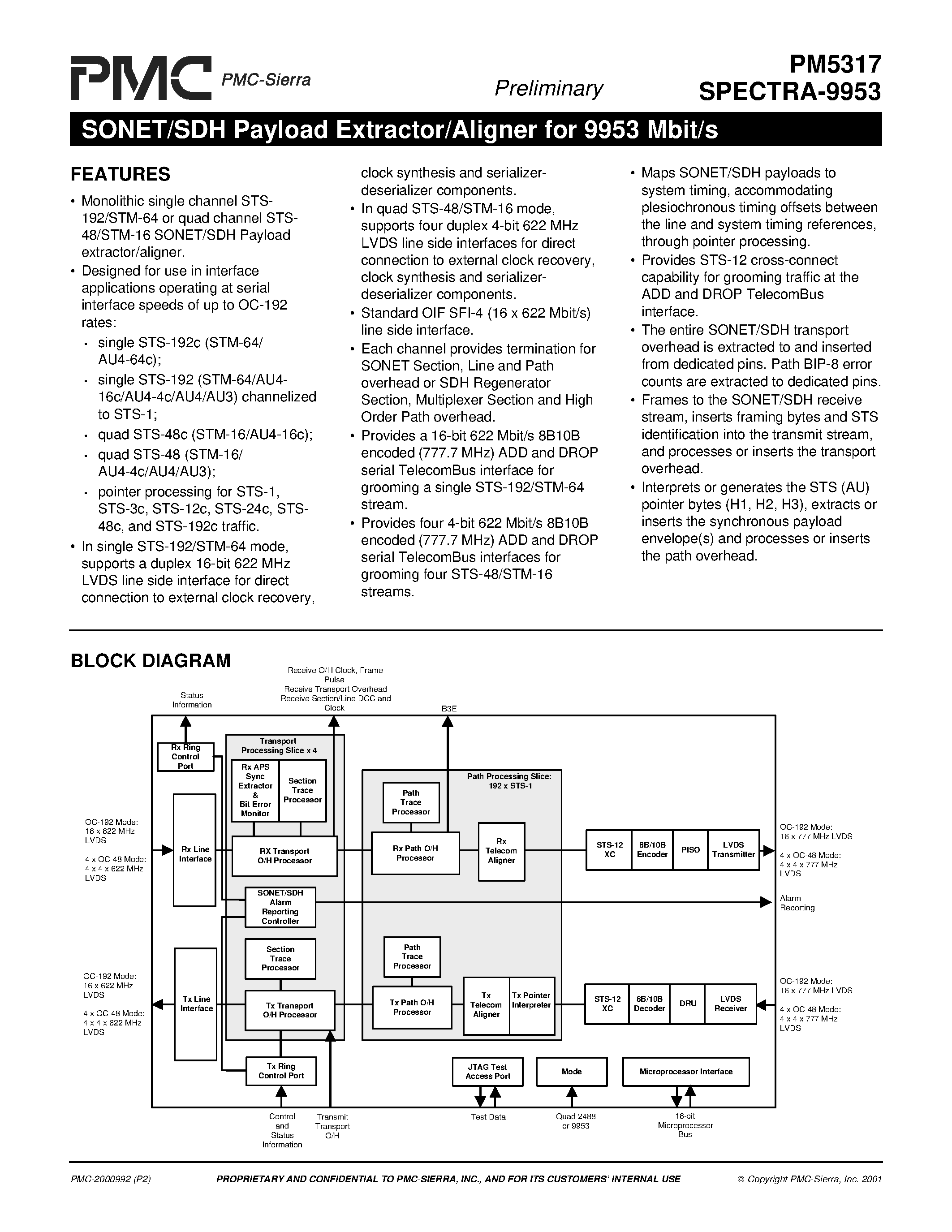 Datasheet PM5317 page 1 Datasheet PM5317 - SONET/SDH Payload Extractor/Aligner for 9953 Mbit/s page 1