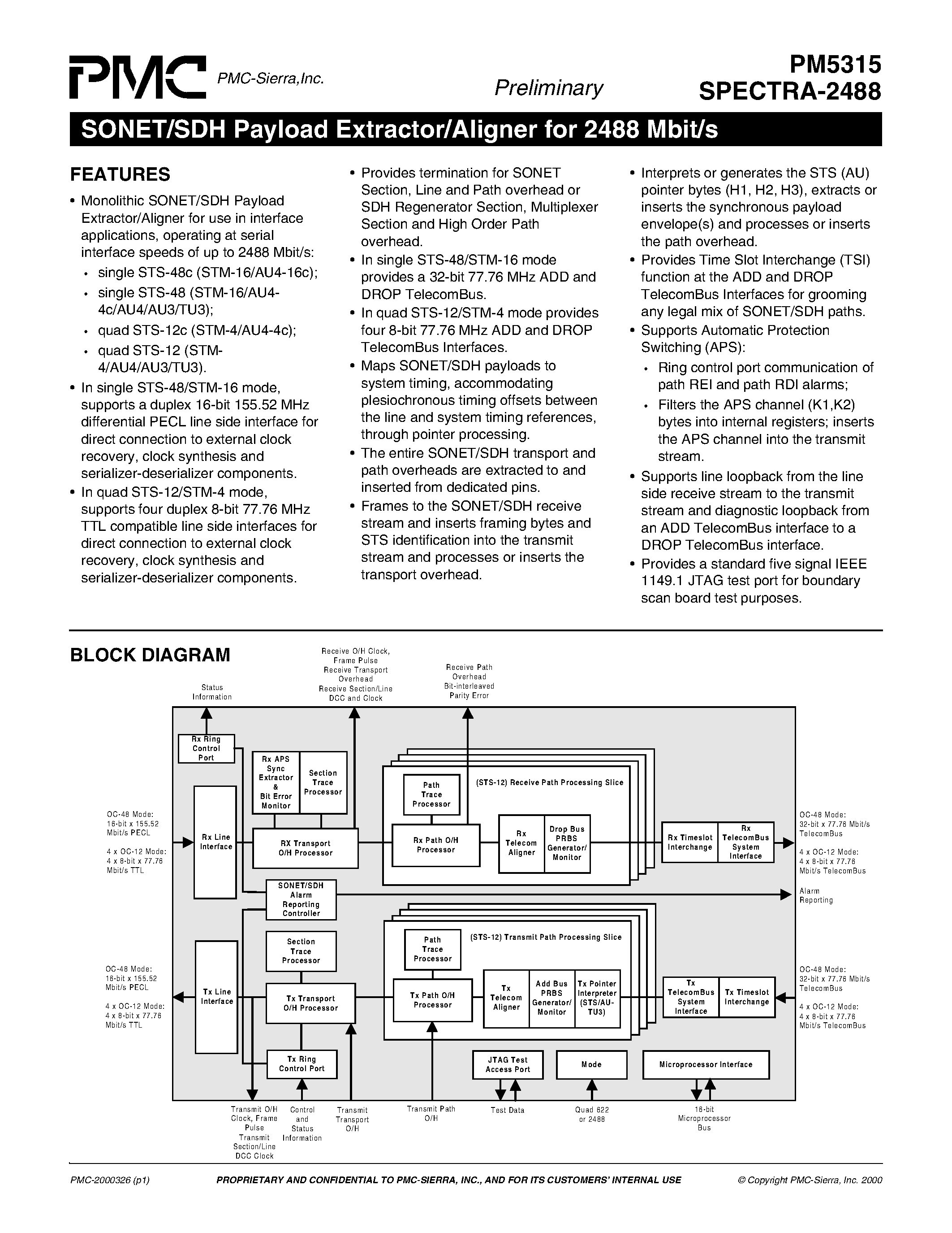 Datasheet PM5315 page 1 Datasheet PM5315 - SONET/SDH Payload Extractor/Aligner for 2488 Mbit/s page 1
