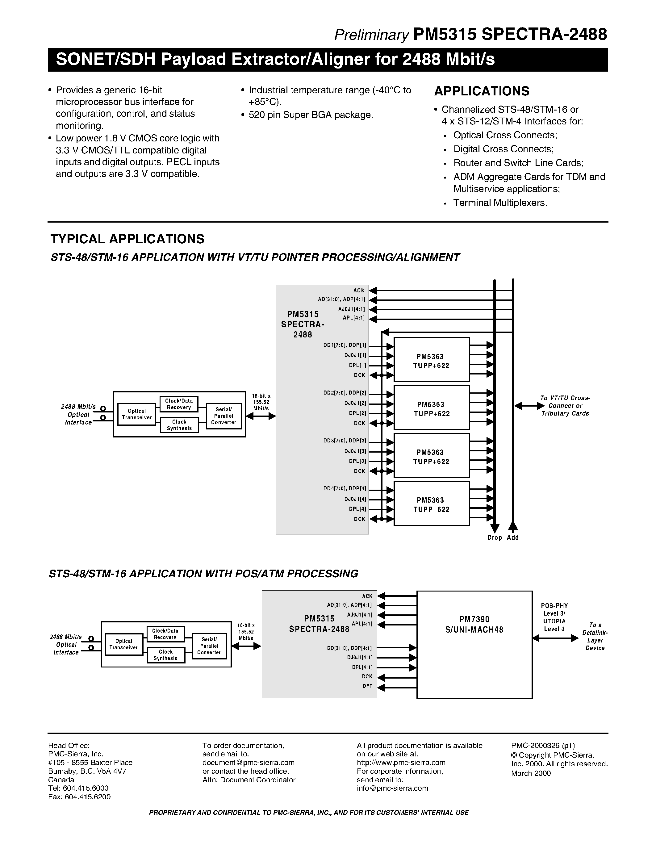 Datasheet PM5315 page 2 Datasheet PM5315 - SONET/SDH Payload Extractor/Aligner for 2488 Mbit/s page 2
