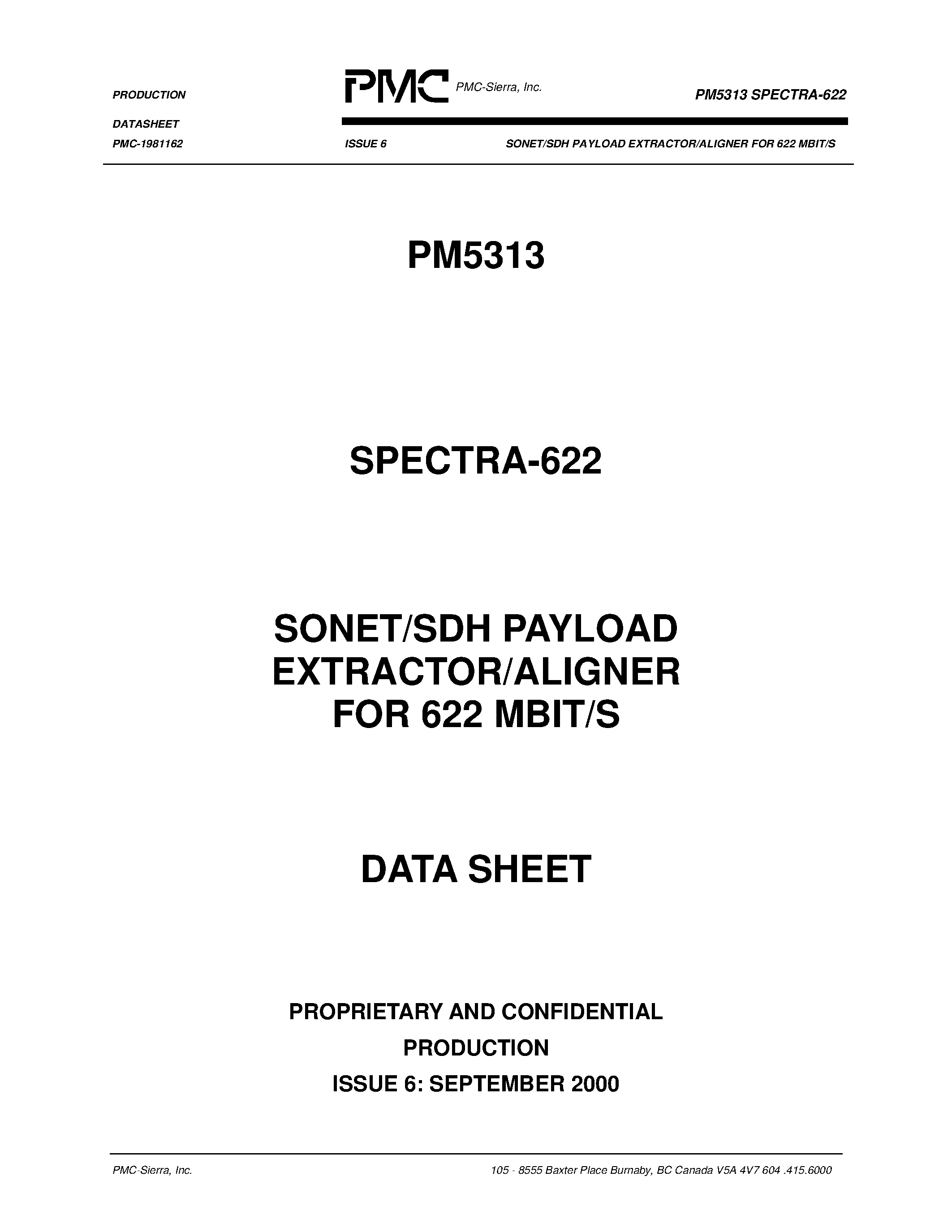 Datasheet PM5313 page 1 Datasheet PM5313 - SONET/SDH PAYLOAD EXTRACTOR/ALIGNER FOR 622 MBIT/S page 1