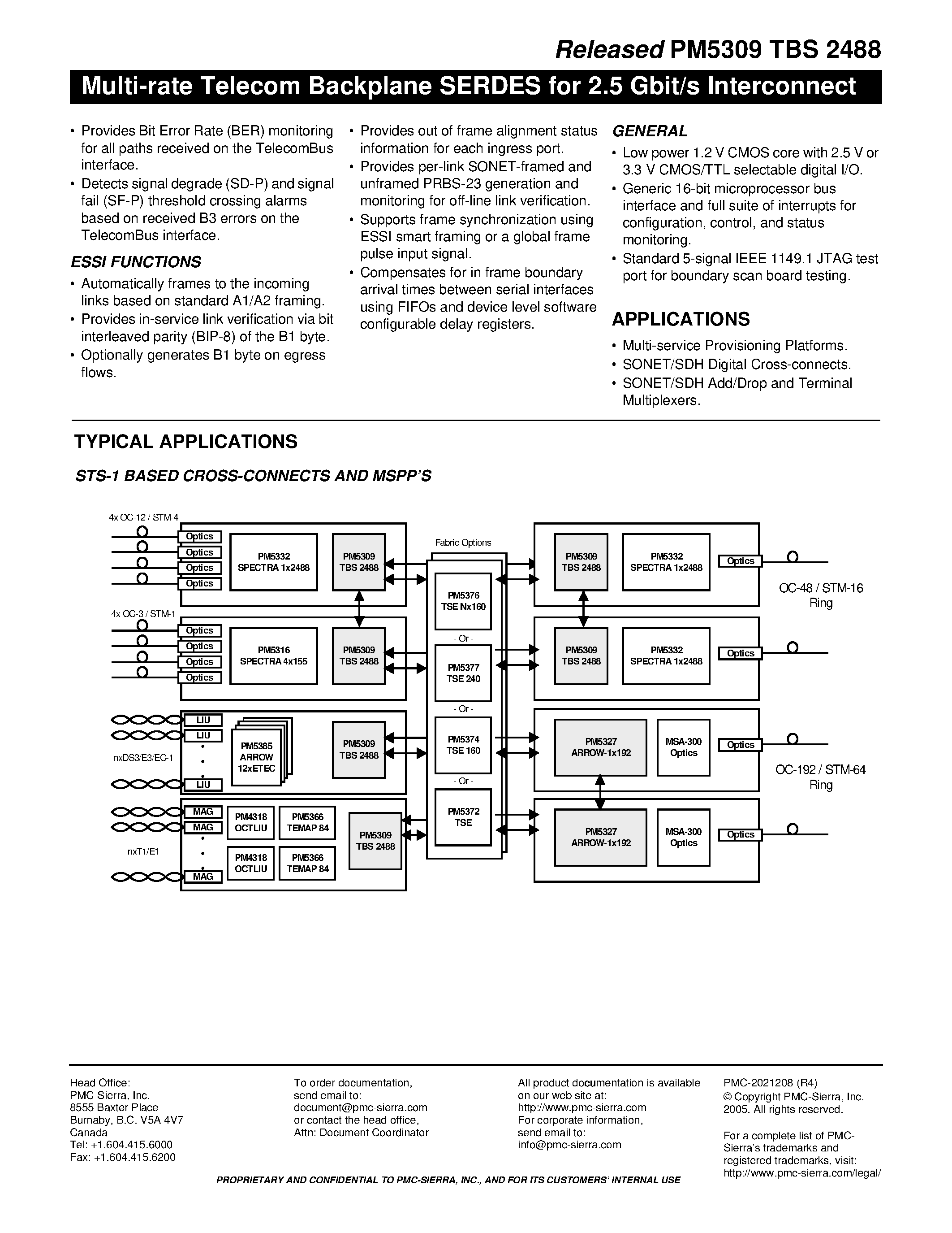Datasheet PM5309 - Multi-rate Telecom Backplane SERDES for 2.5 Gbit/s Interconnect page 2