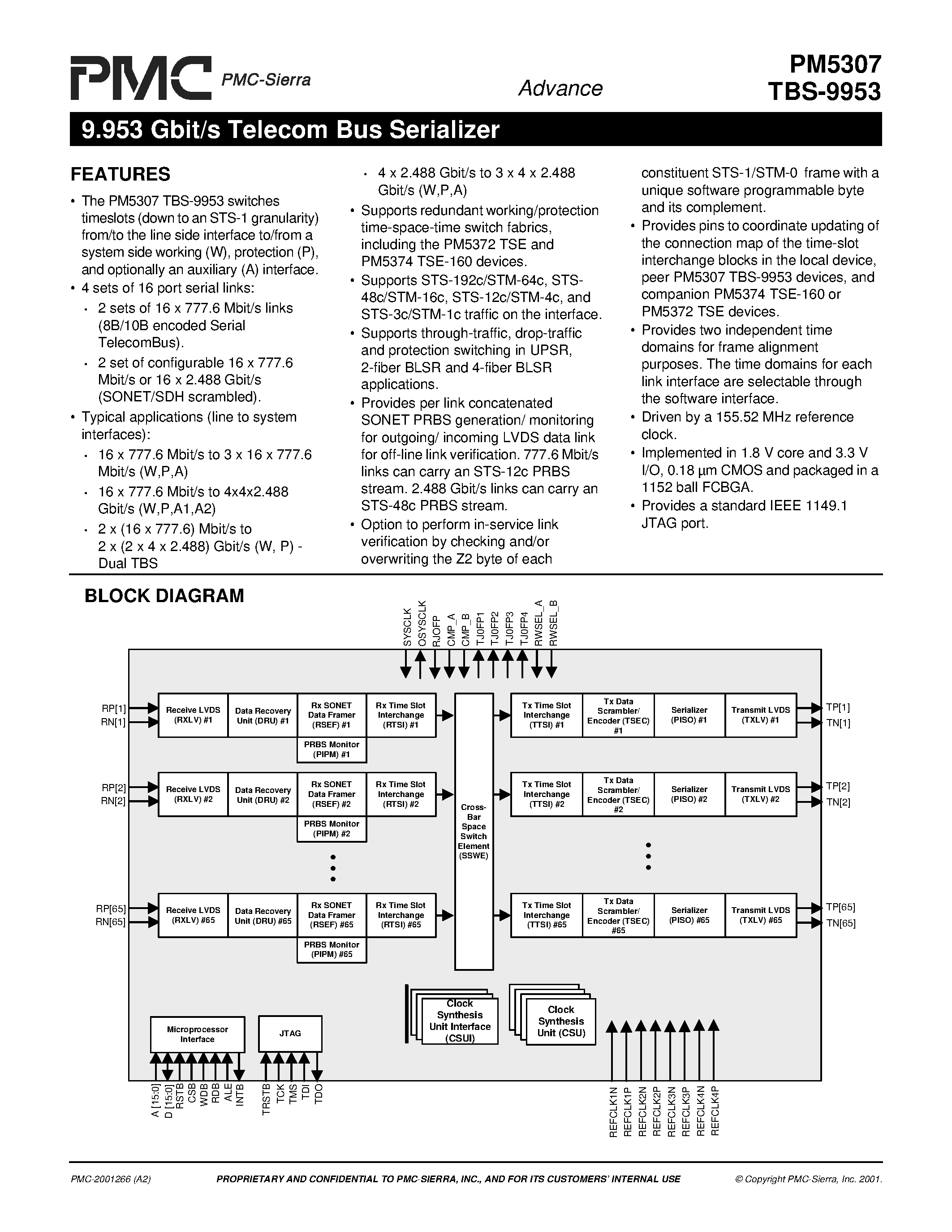 Datasheet PM5307 - 9.953 Gbit/s Telecom Bus Serializer page 1