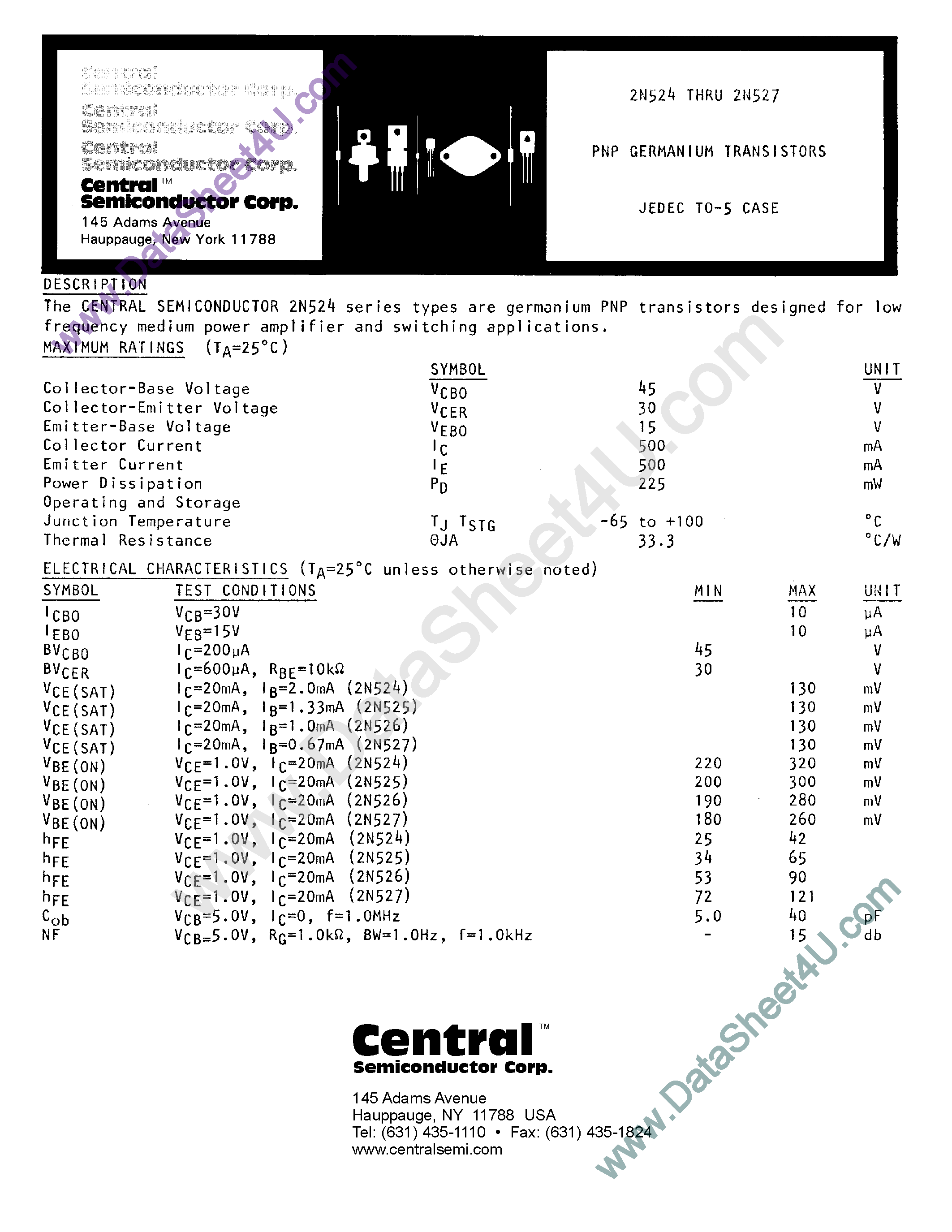 Даташит на микросхему 2N524 страница 1 Даташит 2N524 - (2N524 - 2N527) PNP Germanium Transistors страница 1