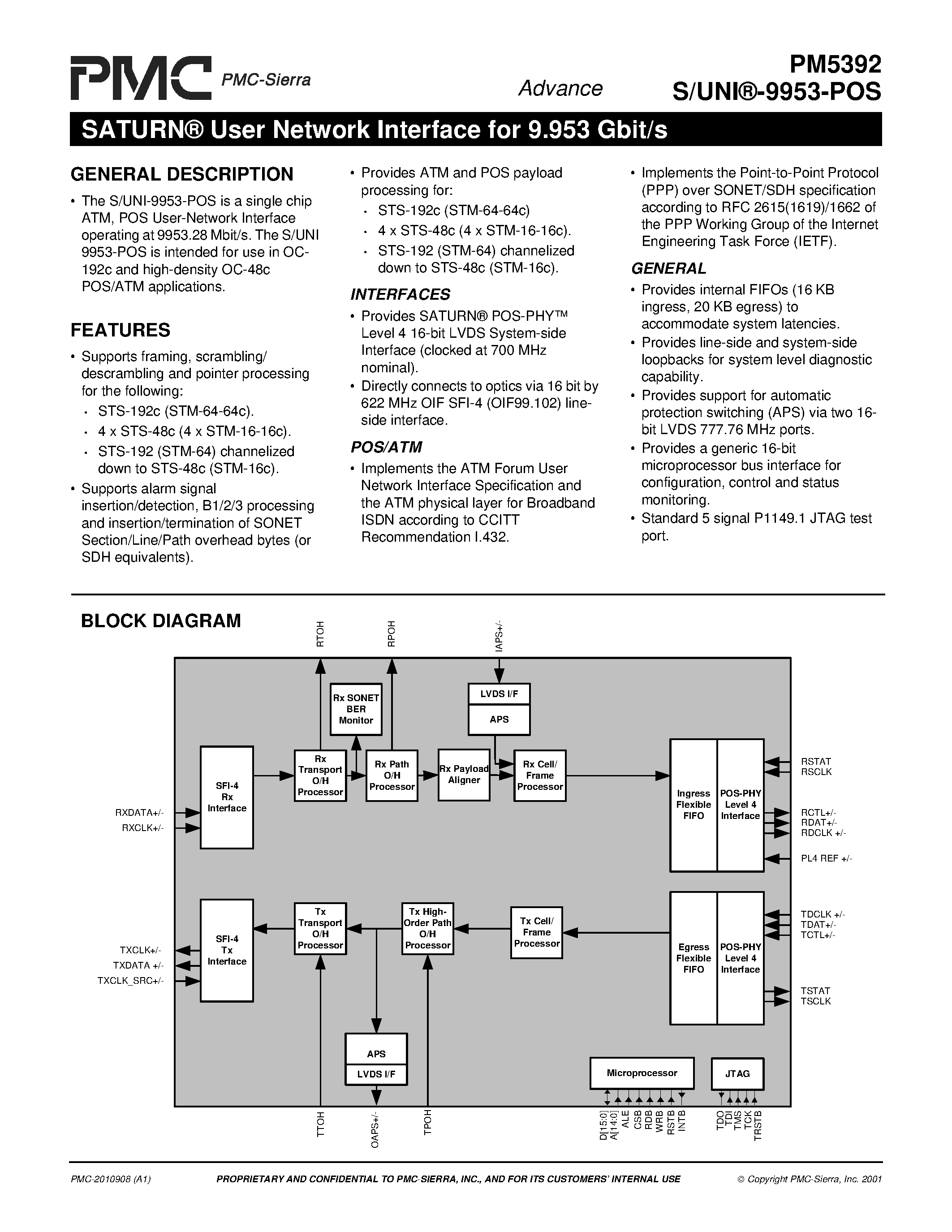 Datasheet PM5392 page 1 Datasheet PM5392 - SATURN User Network Interface for 9.953 Gbit/s page 1