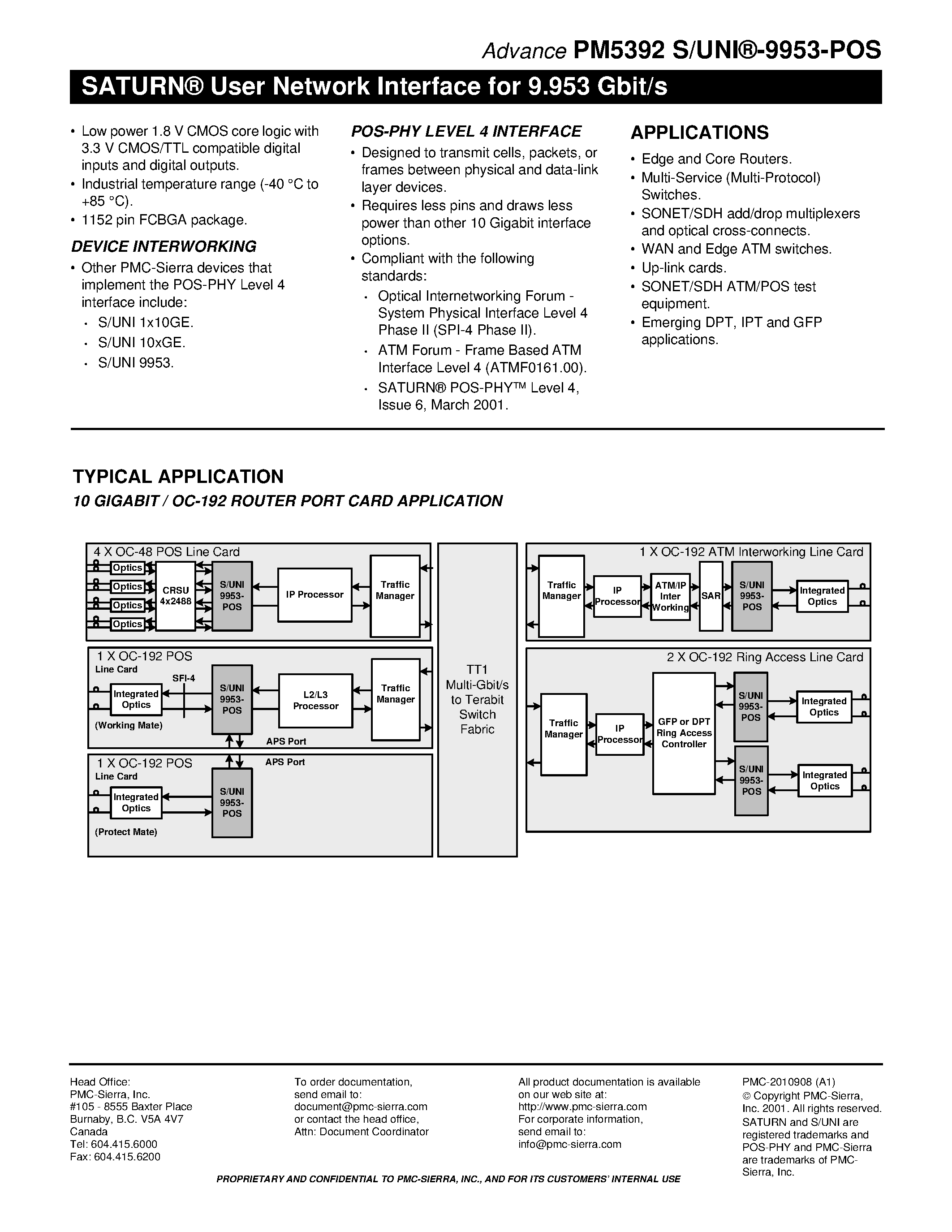 Datasheet PM5392 page 2 Datasheet PM5392 - SATURN User Network Interface for 9.953 Gbit/s page 2