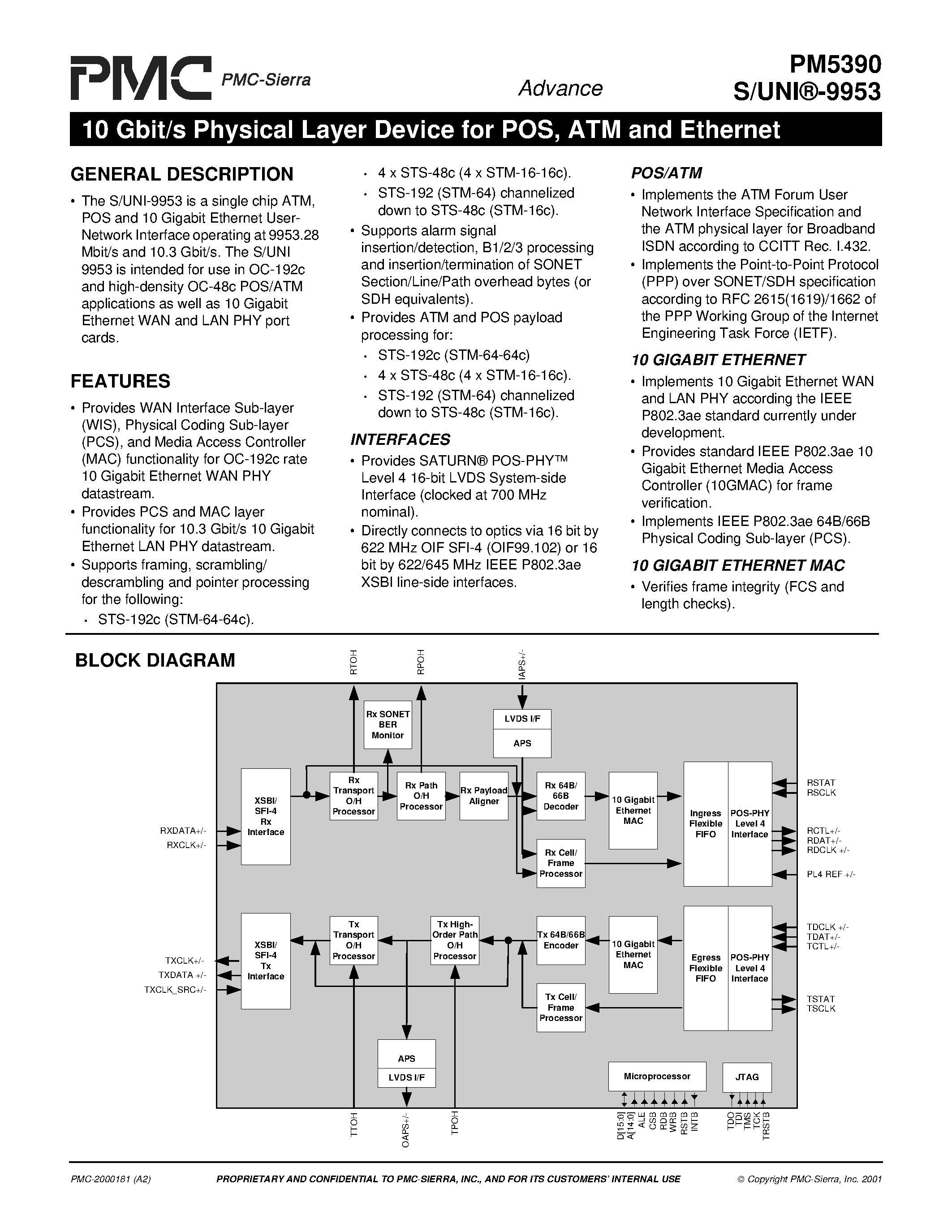Datasheet PM5390 - 10 Gbit/s Physical Layer Device for POS / ATM and Ethernet page 1