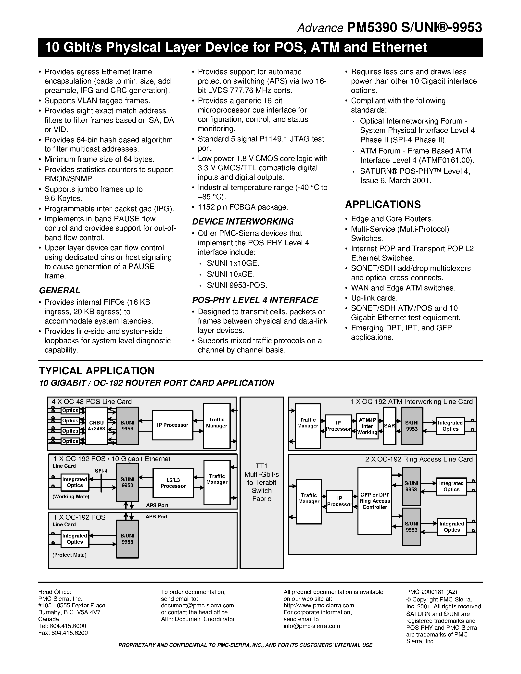 Datasheet PM5390 - 10 Gbit/s Physical Layer Device for POS / ATM and Ethernet page 2