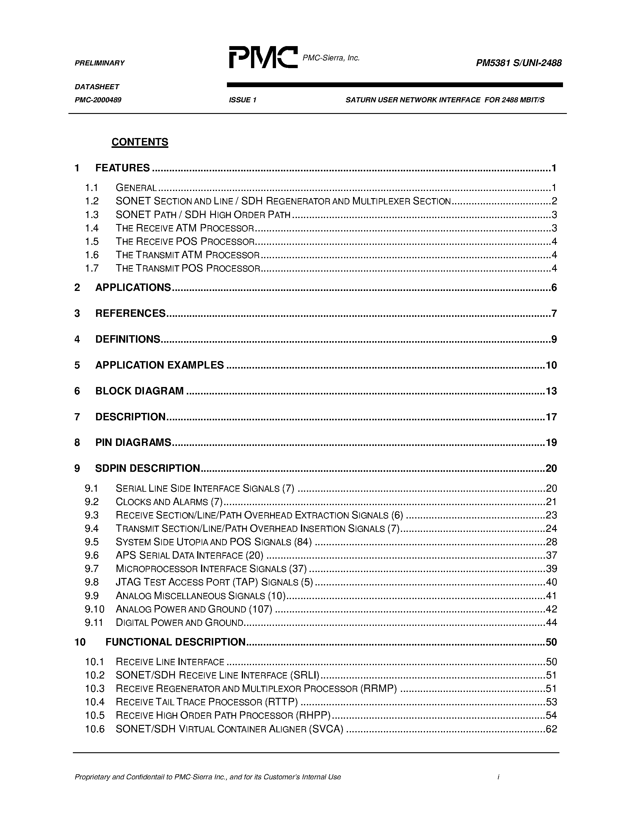 Datasheet PM5381 page 2 Datasheet PM5381 - SATURN USER NETWORK INTERFACE FOR 2488 MBIT/S page 2