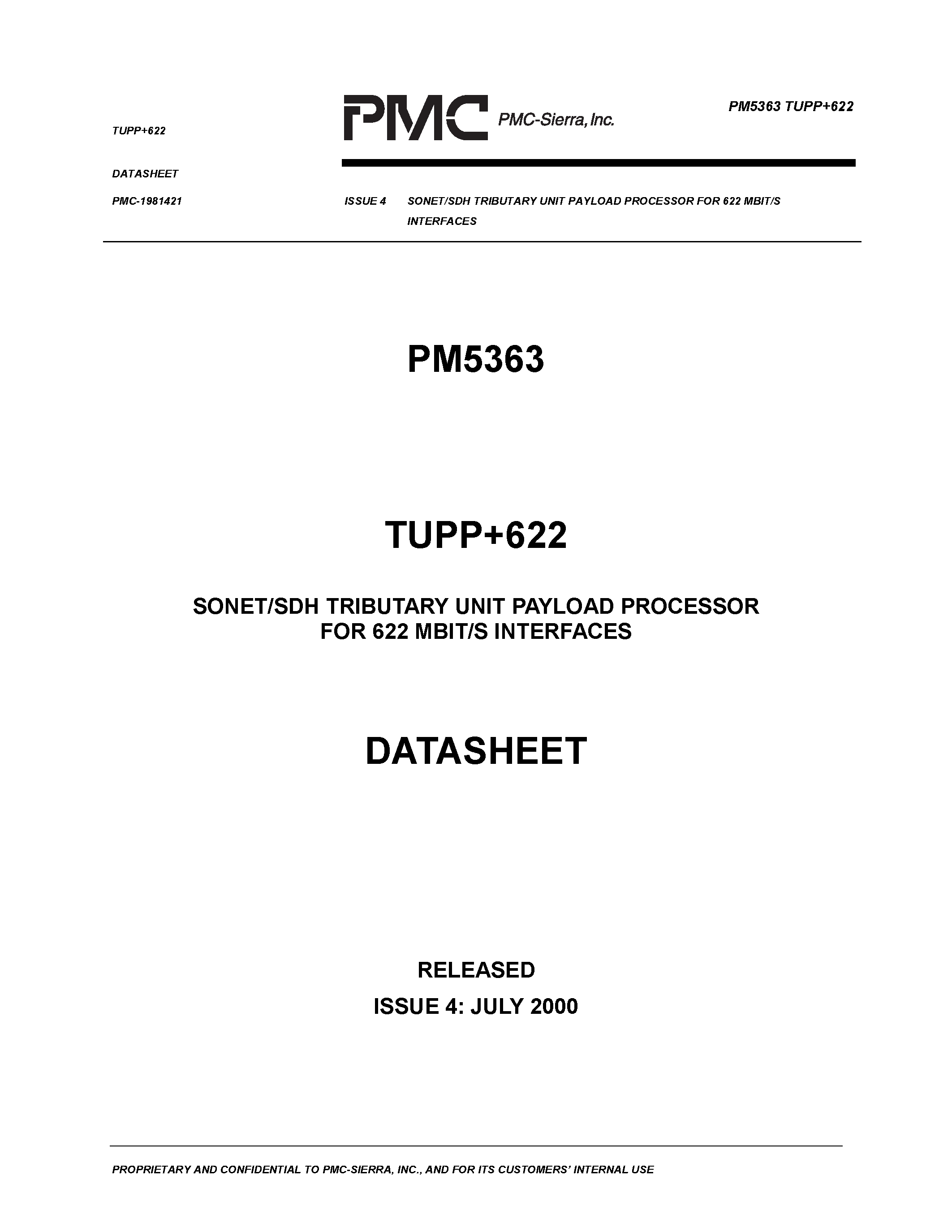Datasheet PM5363 - SONET/SDH TRIBUTARY UNIT PAYLOAD PROCESSOR FOR 622 MBIT/S INTERFACES page 1
