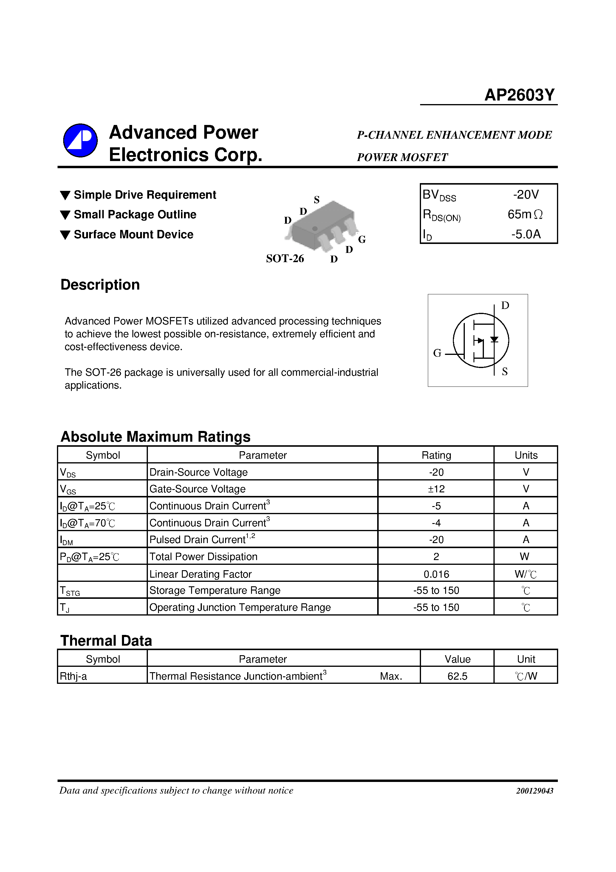 Даташит AP2603Y - P CHANNEL ENHANCEMENT MODE POWER MOSFET страница 1
