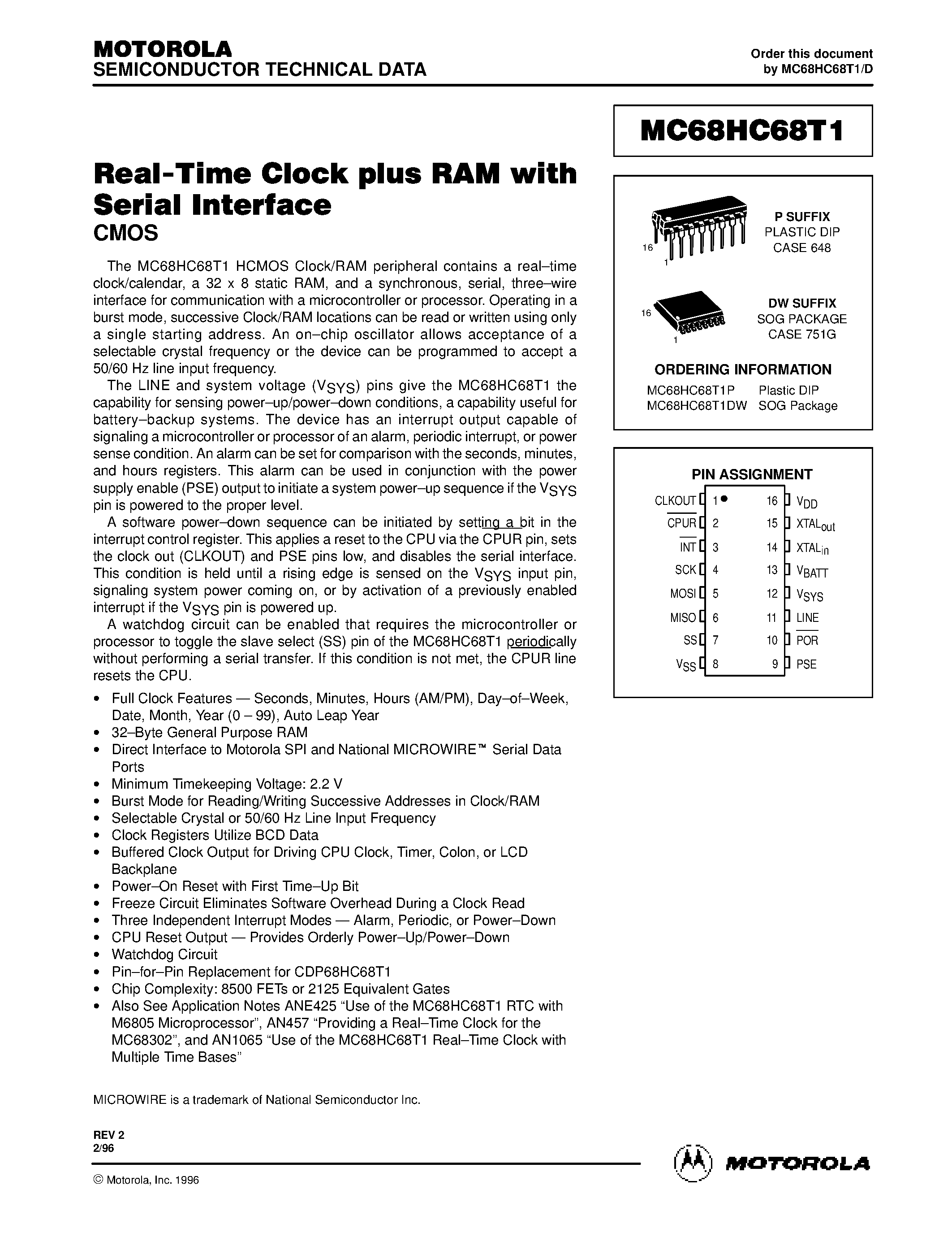 Даташит MC68HC68T1 - Real-Time Clock plus RAM with Serial Interface страница 1