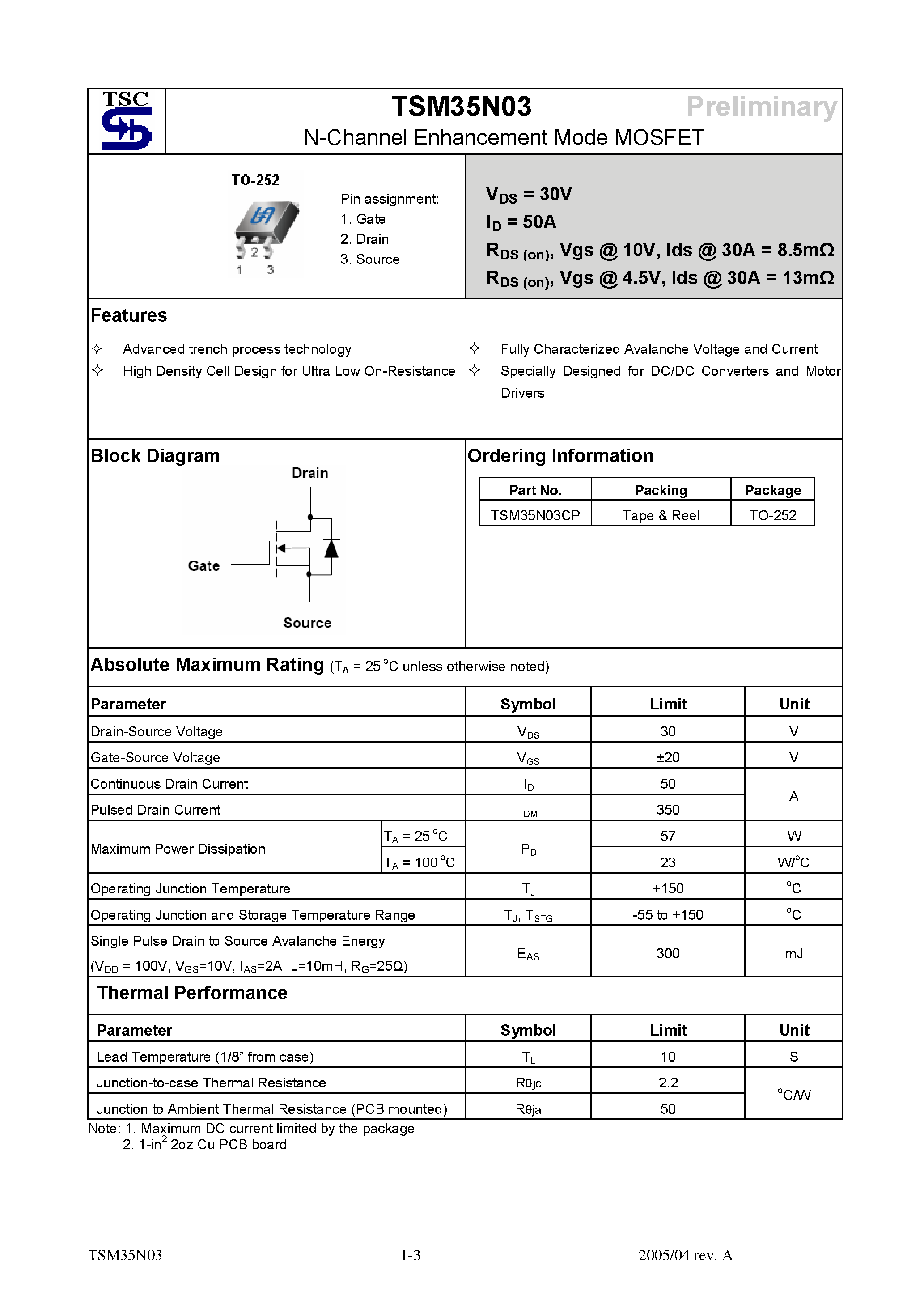 Datasheet TSM35N03 - N-Channel Enhancement Mode MOSFET page 1
