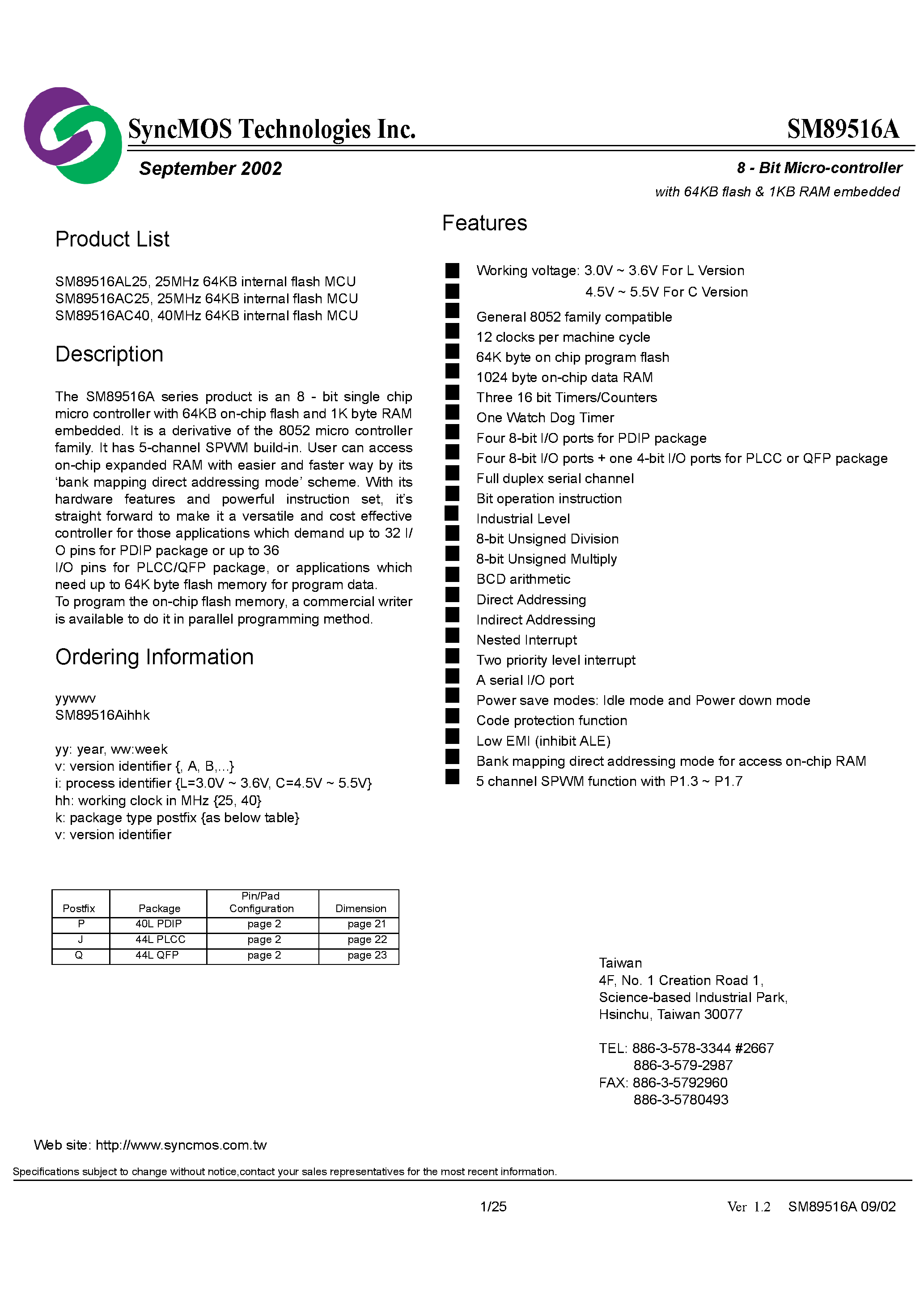 Даташит SM89516A - 8 - Bit Micro-controller with 64KB flash 1KB RAM embedded страница 1