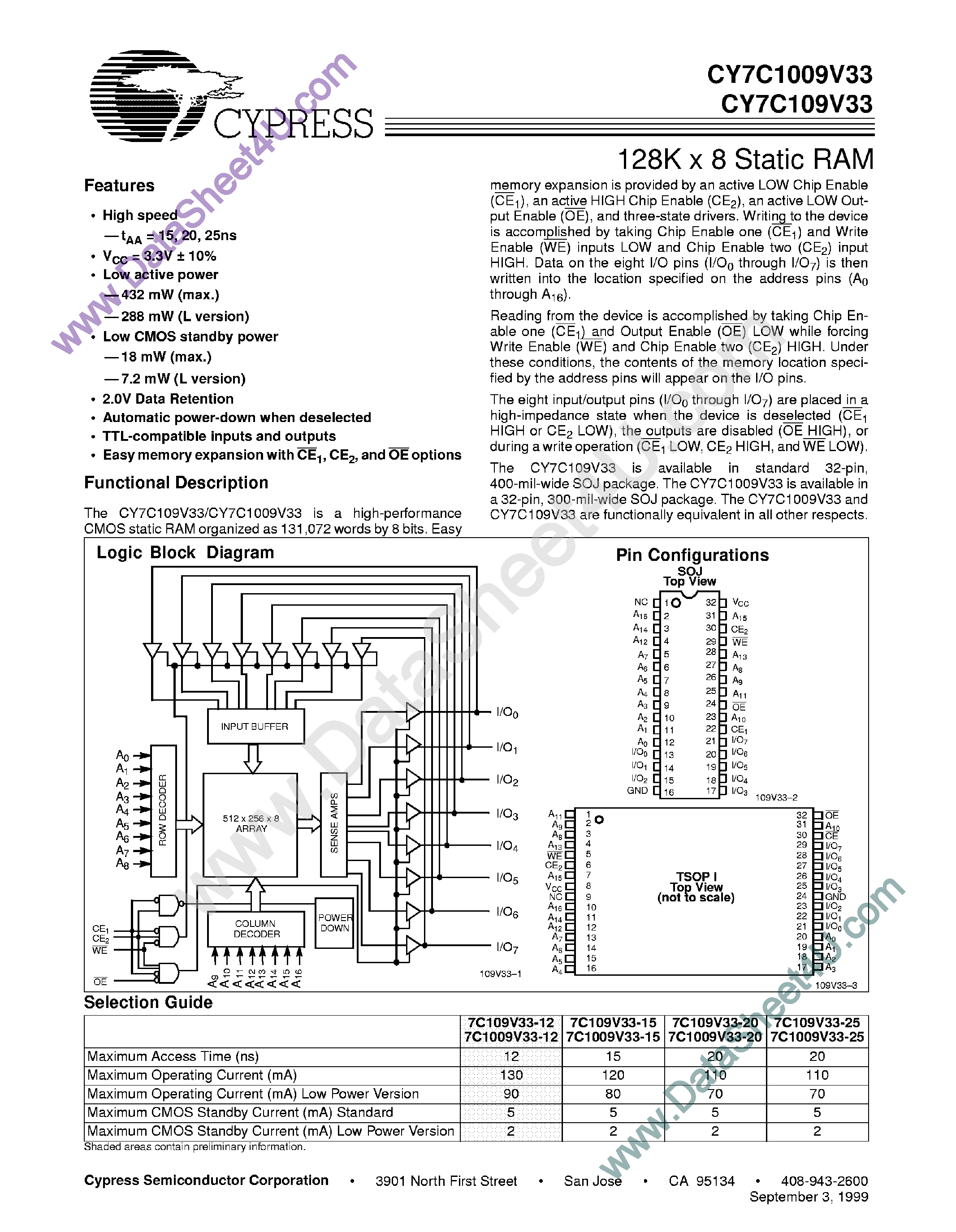 Даташит на микросхему CY7C1009V33 страница 1 Даташит CY7C1009V33 - 128K x 8 Static RAM страница 1