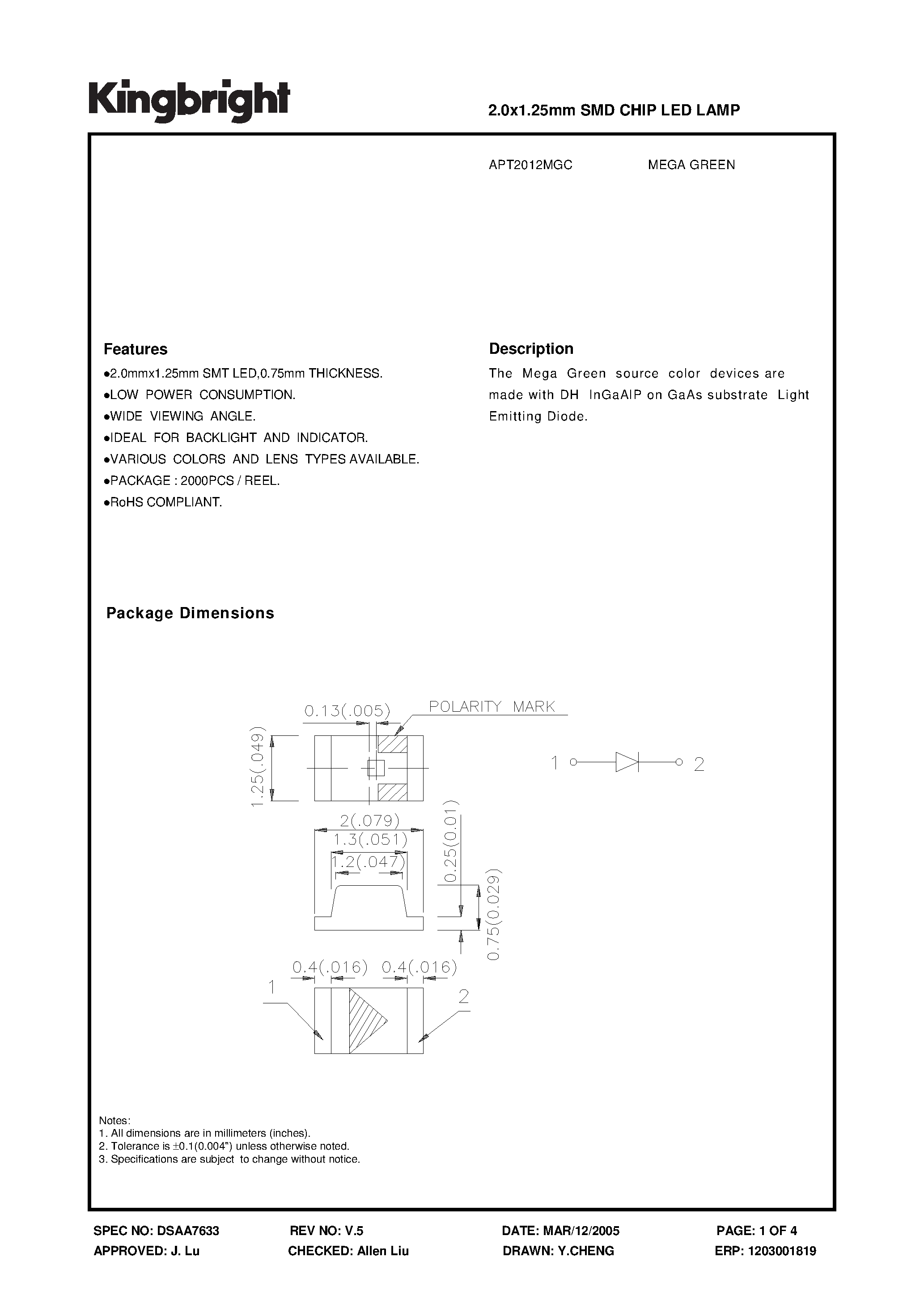 Даташит на микросхему APT2012MGC страница 1 Даташит APT2012MGC - 2.0x1.25mm SMD CHIP LED LAMP страница 1