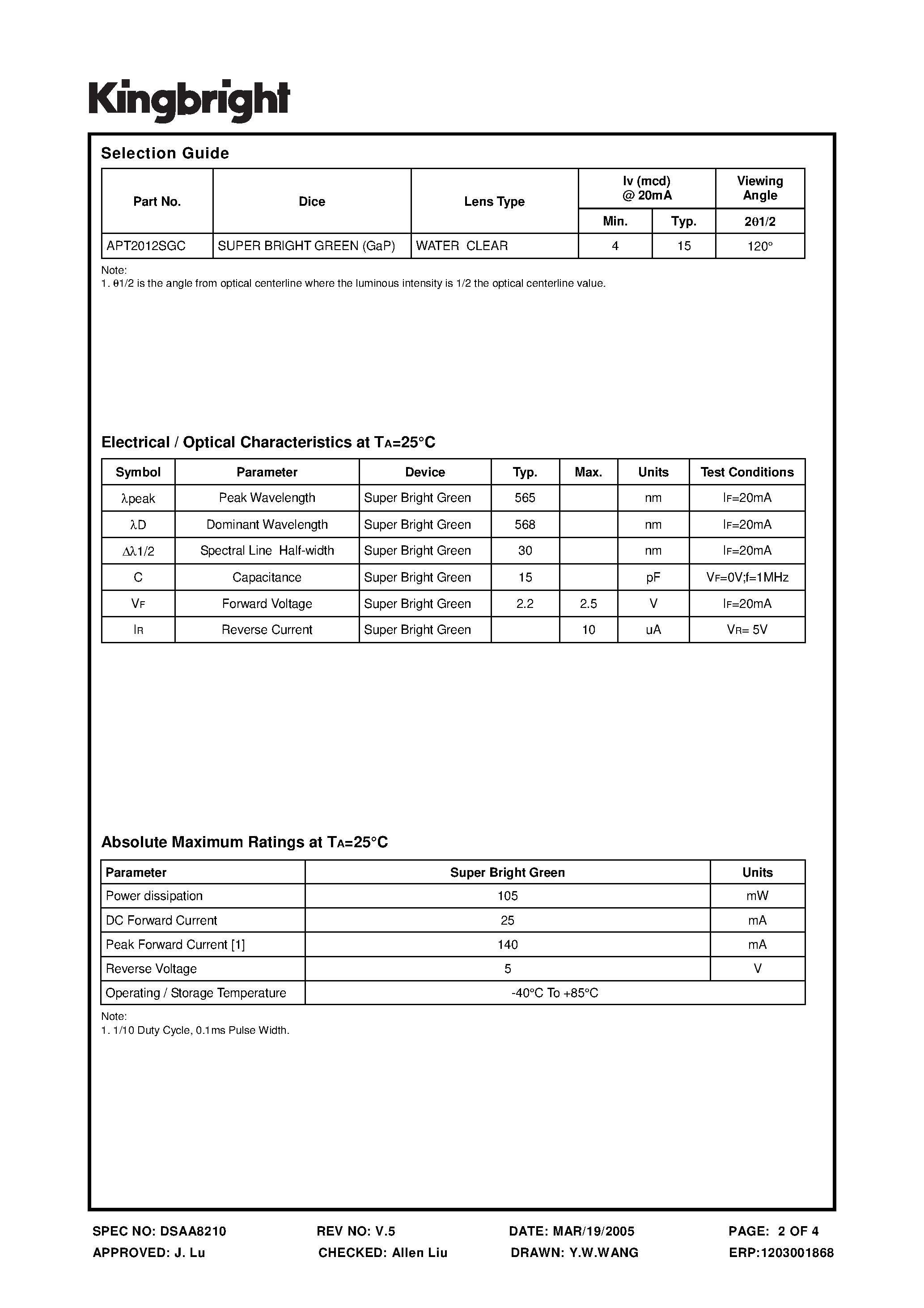 Datasheet APT2012SGC page 2 Datasheet APT2012SGC - Gallium Phosphide Green Light Emitting Diode page 2