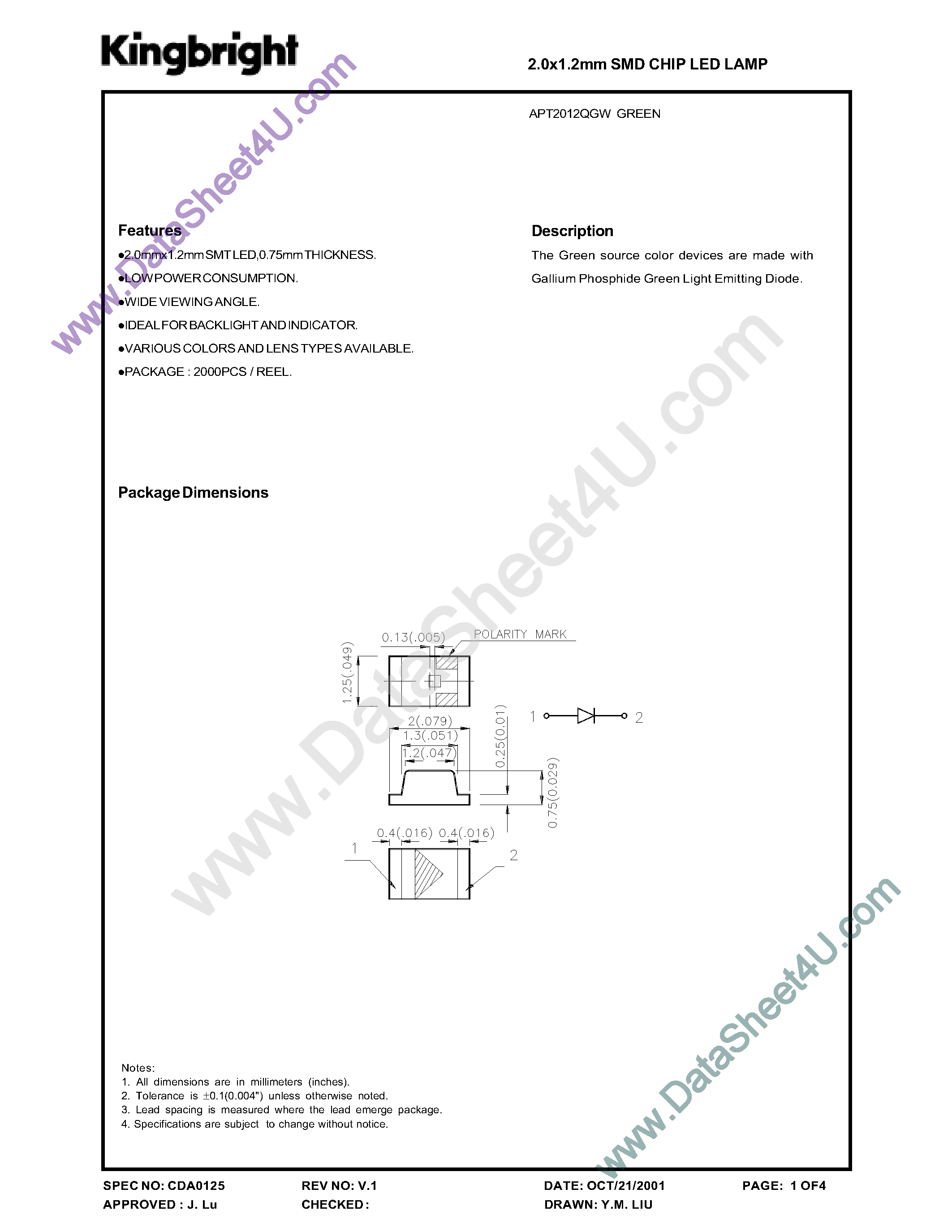 Datasheet APT2012QGW - 2 x 1.2 mm SMD Chip LED Lamp page 1