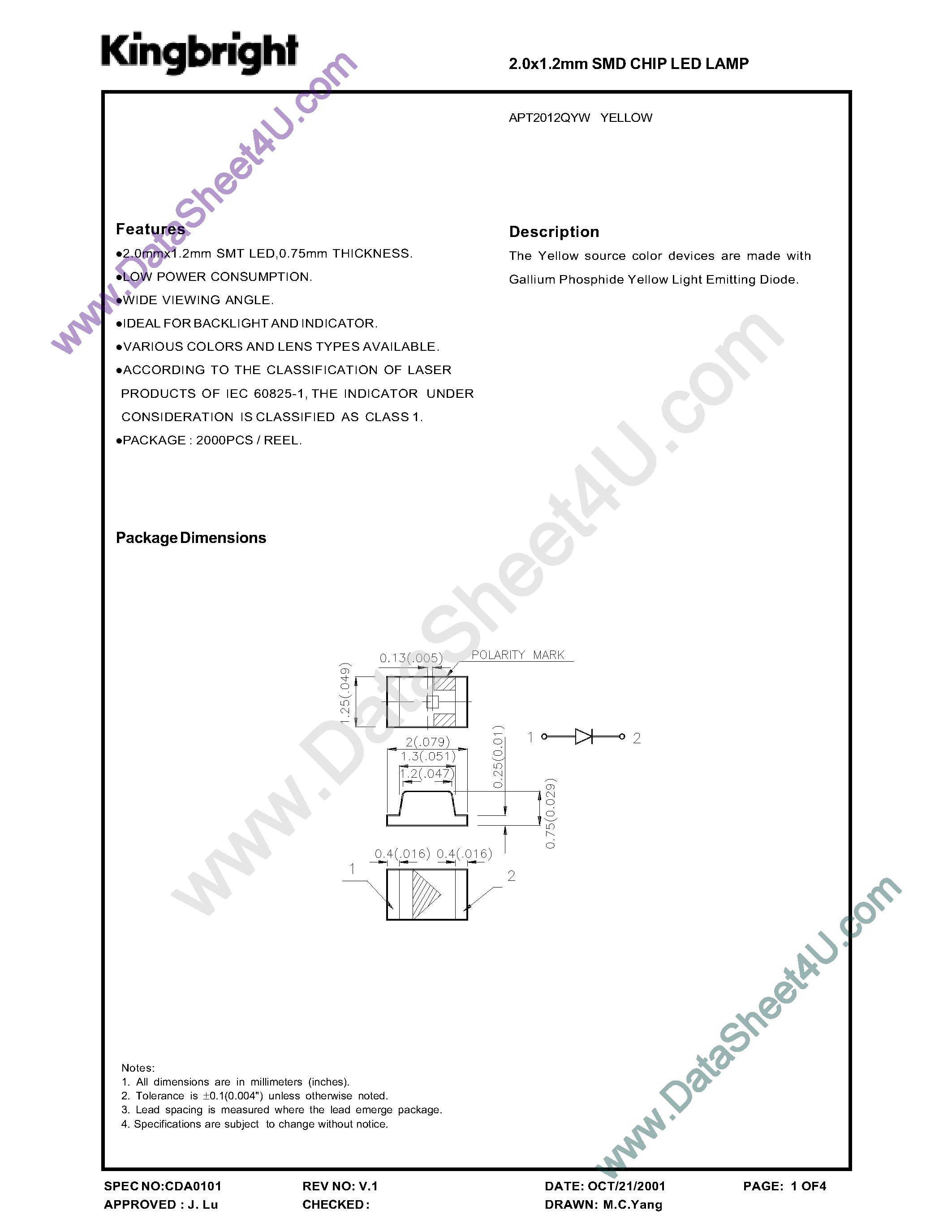 Datasheet APT2012QYW - 2 x 1.2 mm SMD Chip LED Lamp page 1