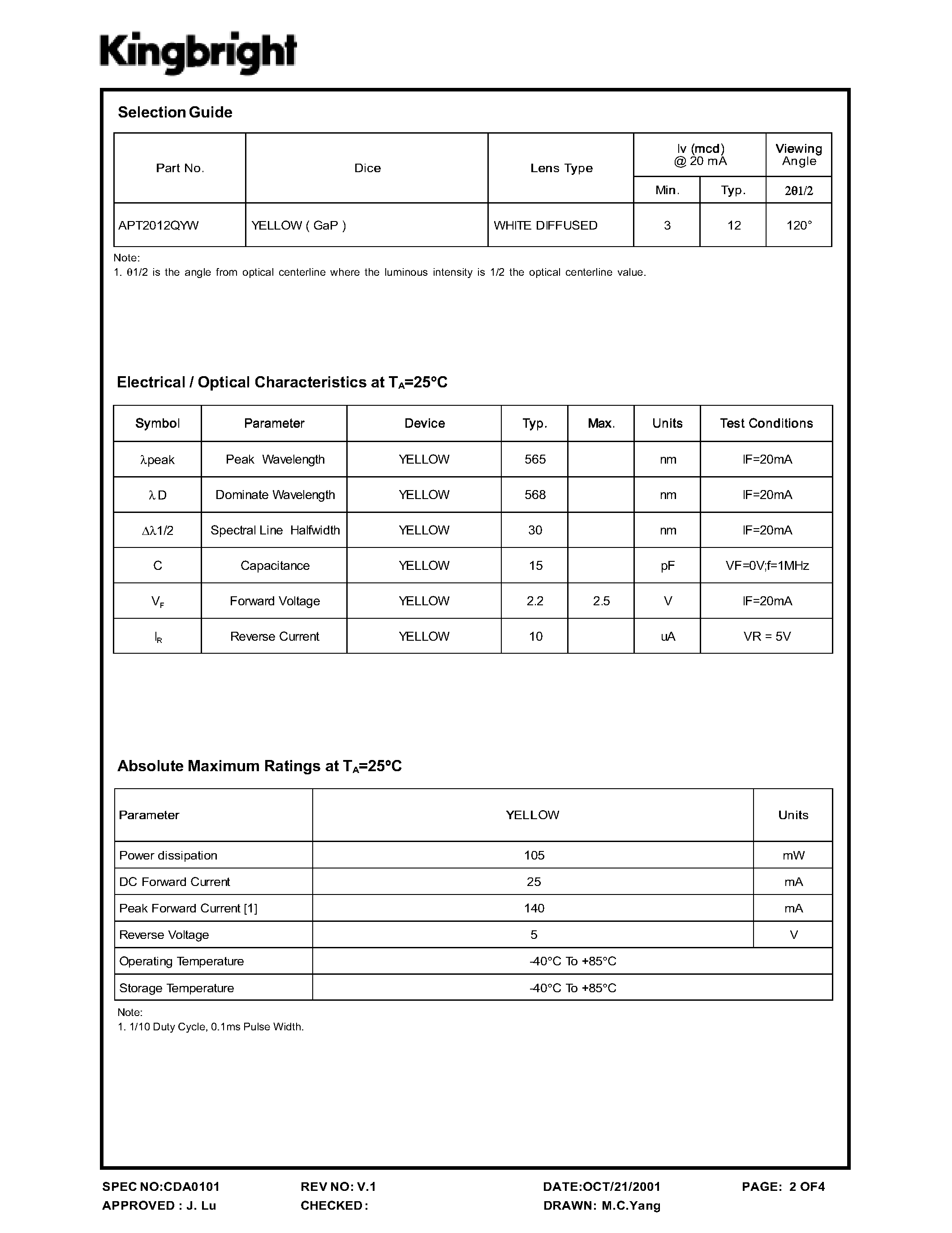 Datasheet APT2012QYW - 2 x 1.2 mm SMD Chip LED Lamp page 2