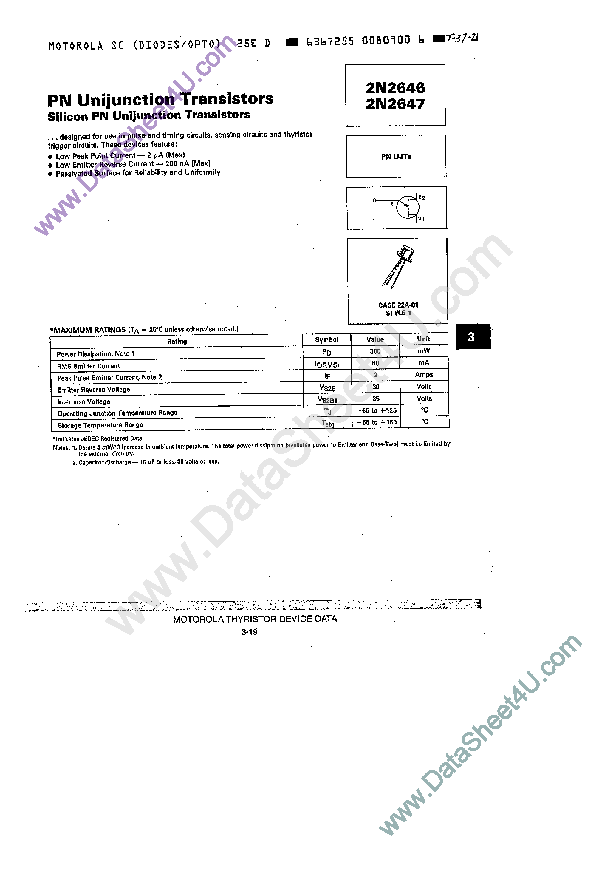 Datasheet 2N2646 - (2N2646 / 2N2647) Silicon PN unijunction transistor page 1