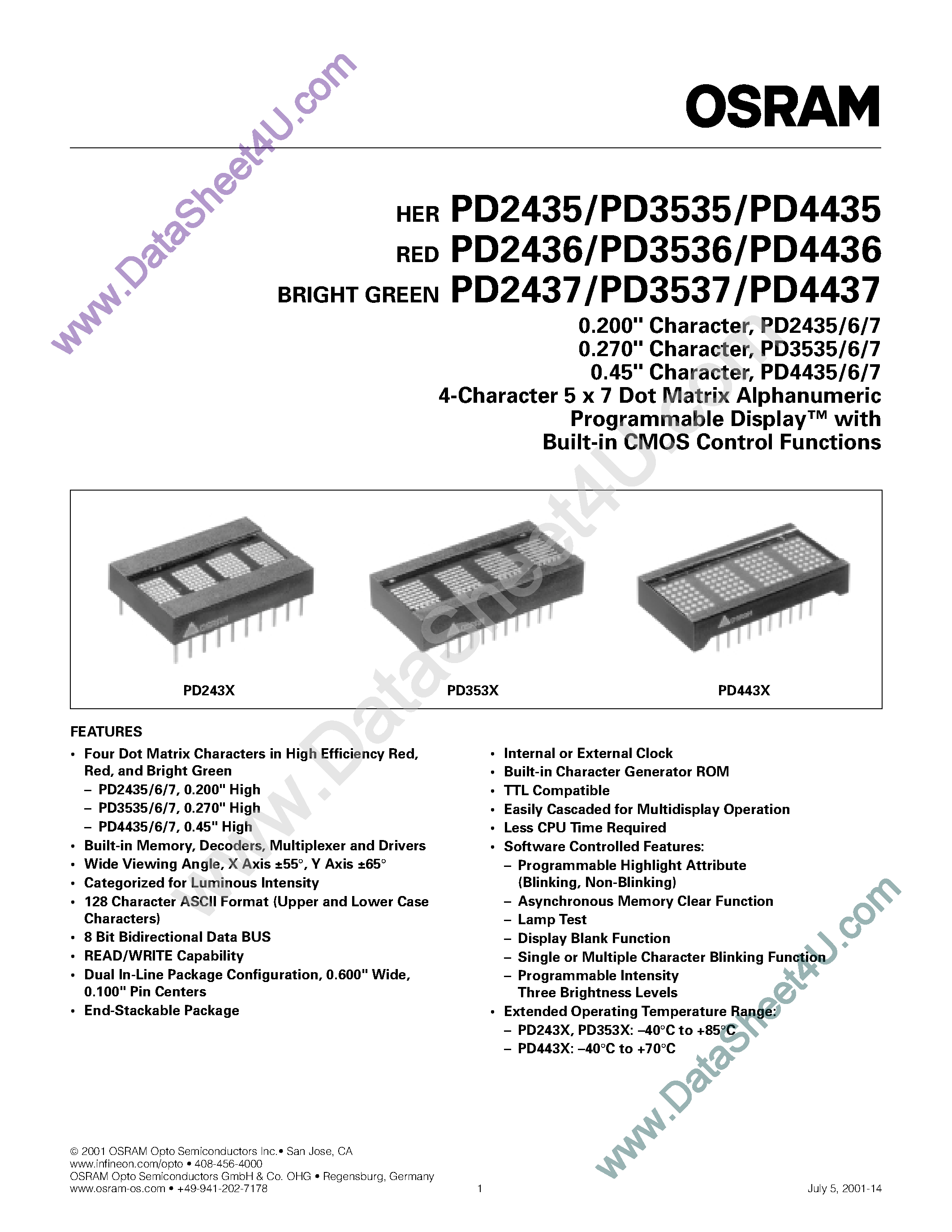 Datasheet PD3537 - 4-Character 5x7 Dot Matrix Alphanumeric Programmable Display page 1