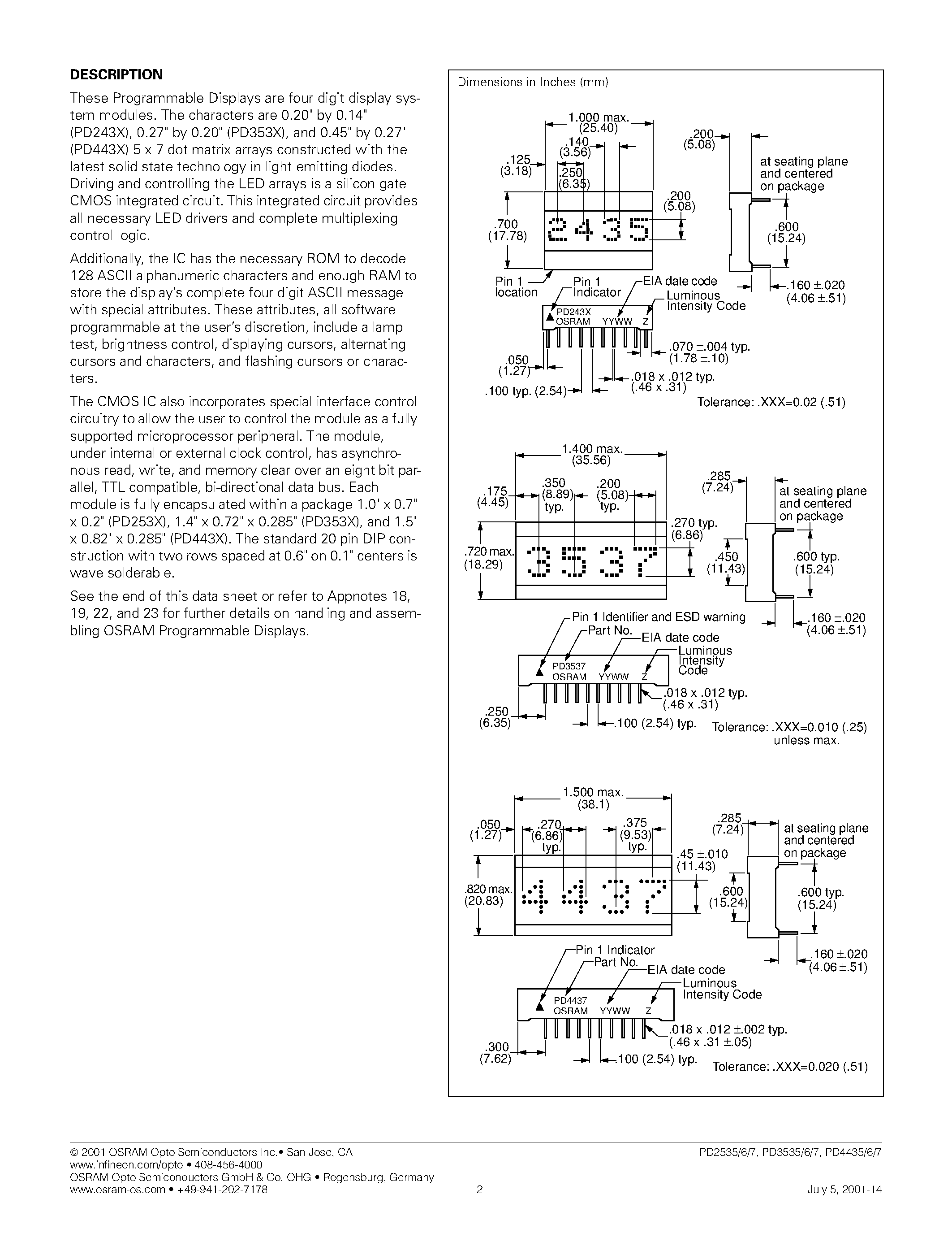 Datasheet PD3536 - 4-Character 5x7 Dot Matrix Alphanumeric Programmable Display page 2
