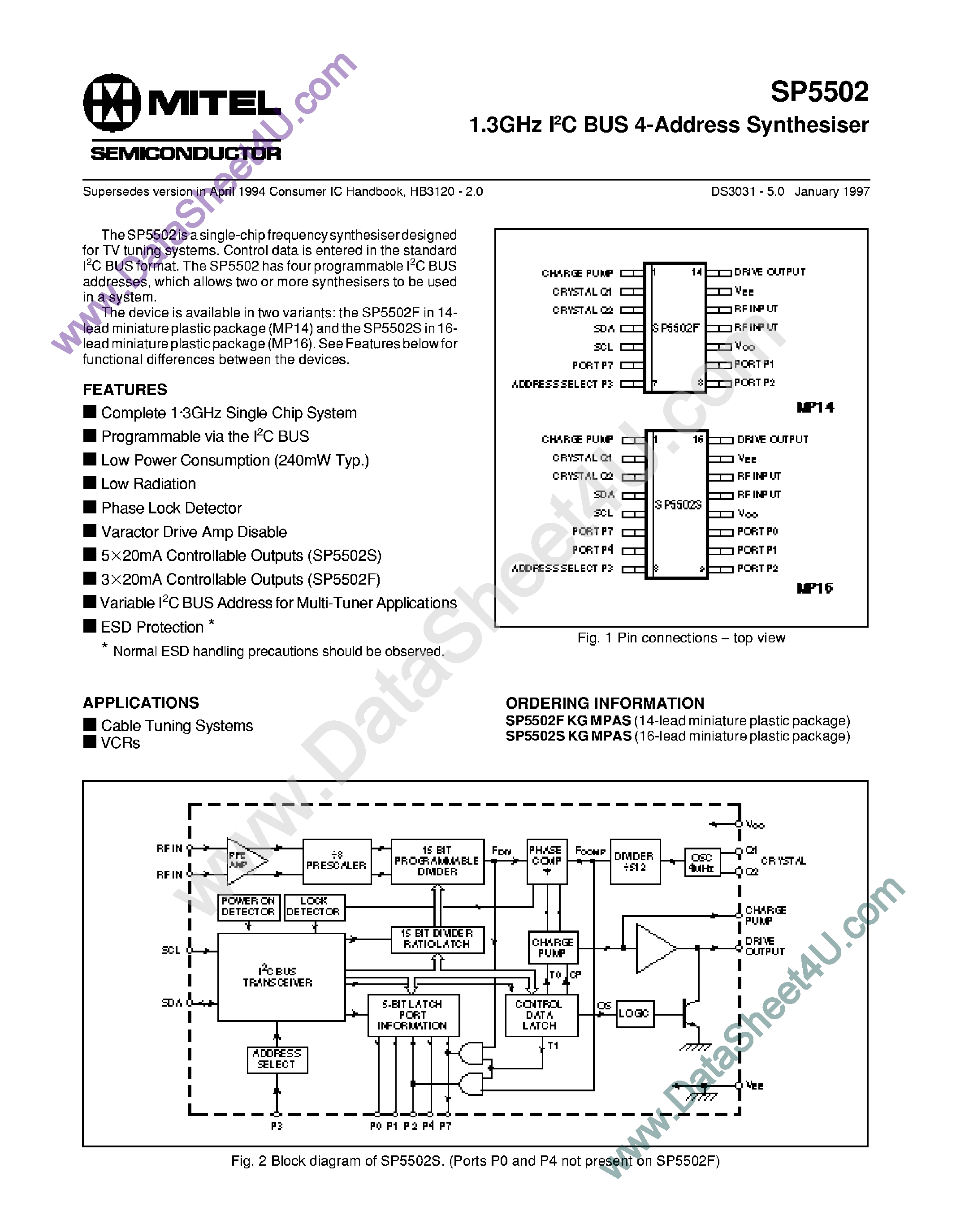 Datasheet SP5502 - 1.3Ghz IC Bus 4-Address Synthesiser page 1