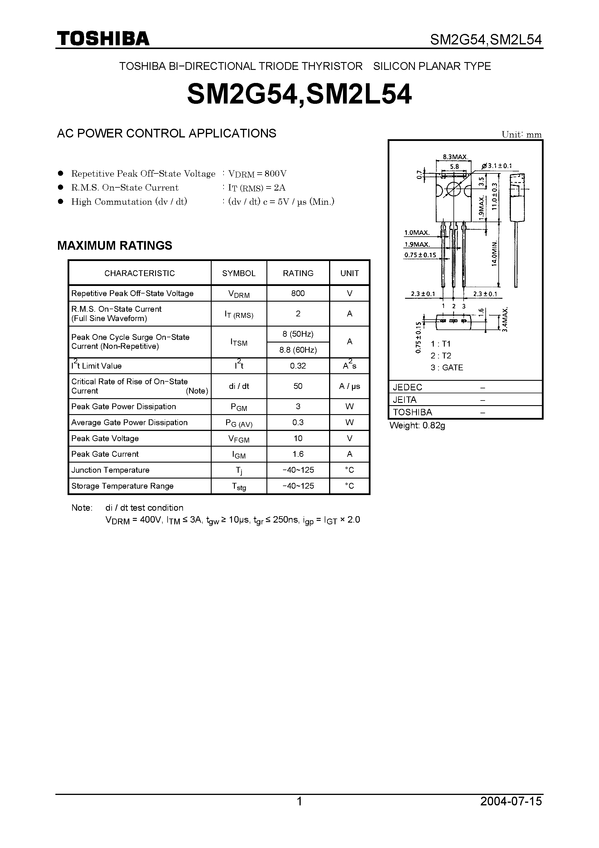 Даташит SM2G54 - (SM2L54 / SM2G54) AC POWER CONTROL APPLICATIONS страница 1