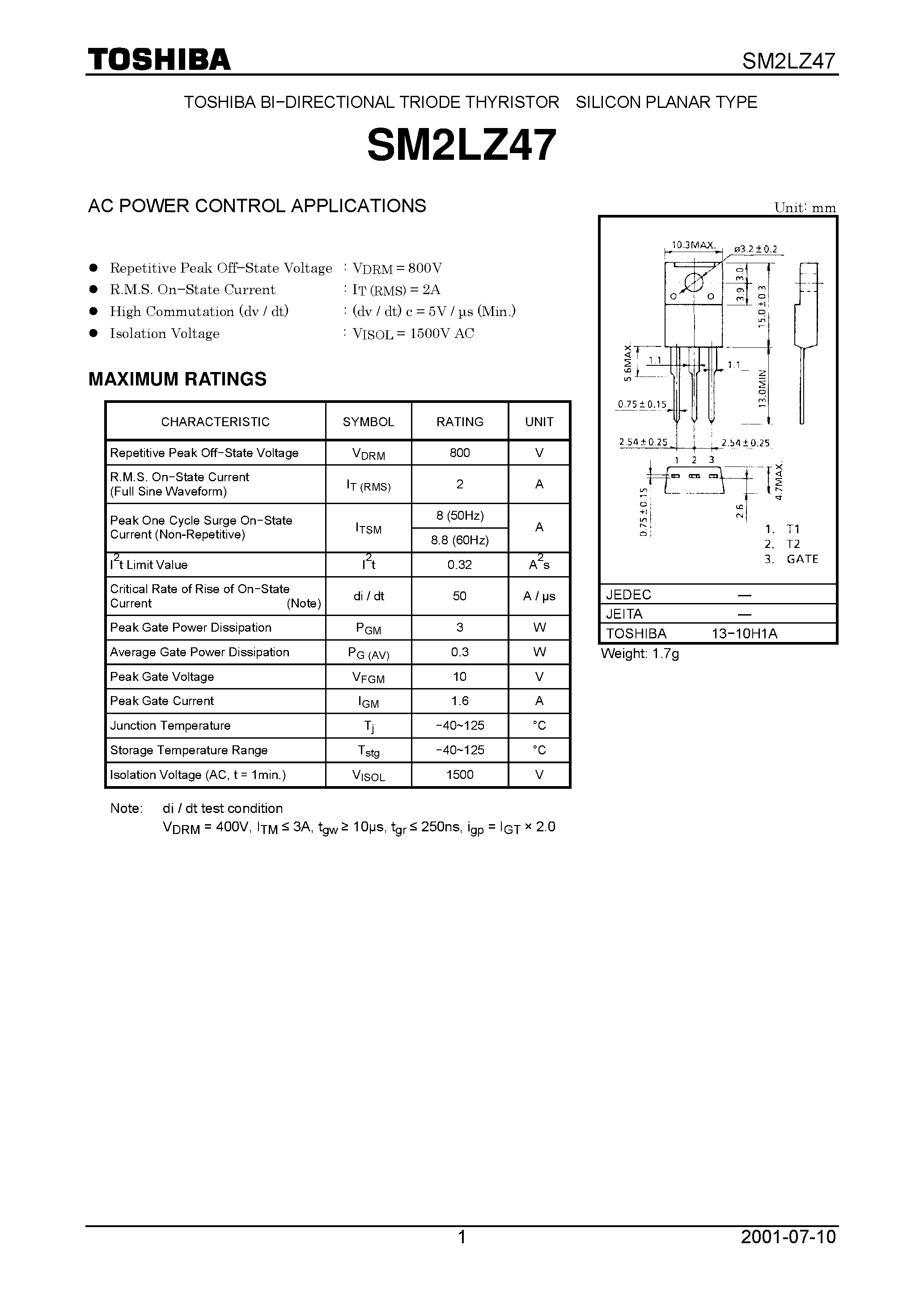 Даташит SM2LZ47 - AC POWER CONTROL APPLICATIONS страница 1