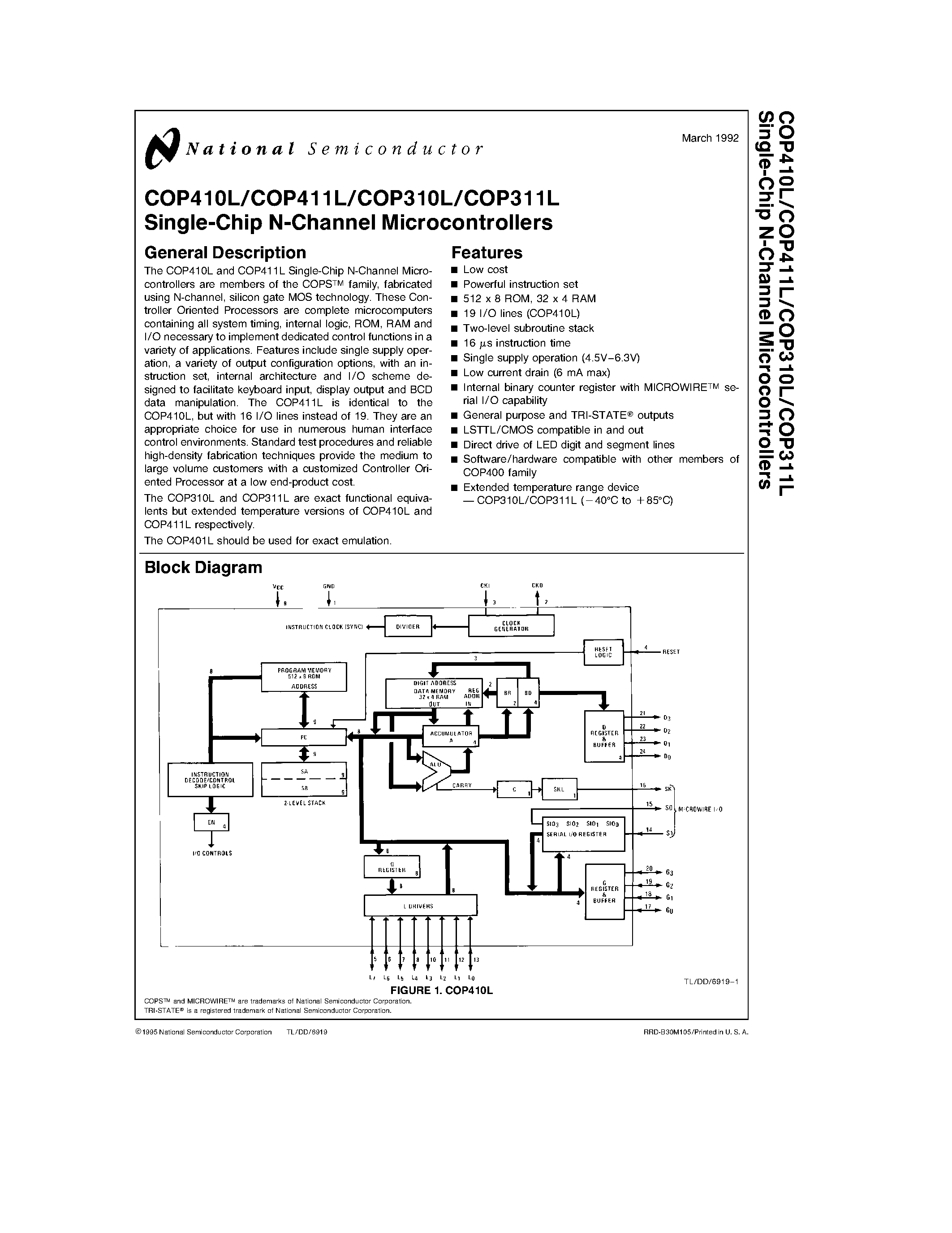 Datasheet COP310L - (COPxxxL) Single-Chip N-Channel Microcontrollers page 1