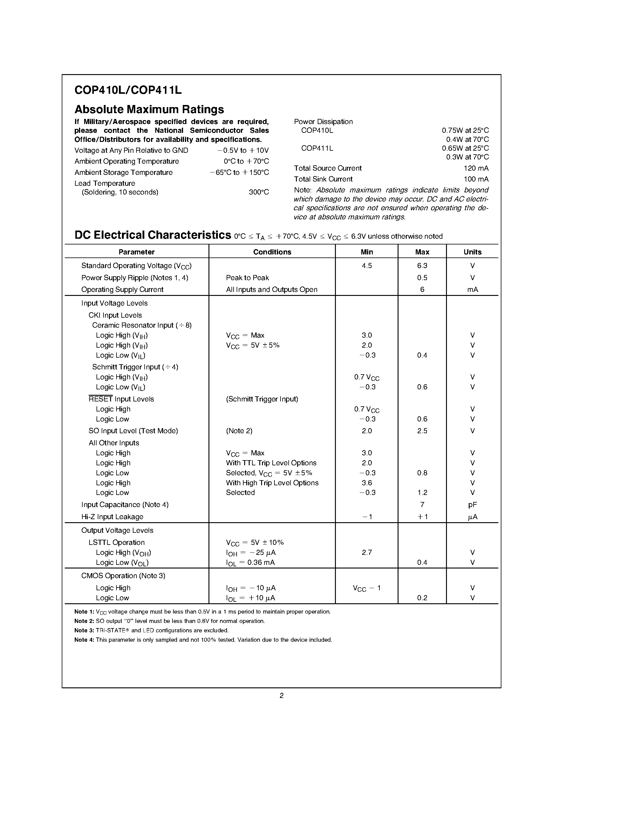 Datasheet COP310L - (COPxxxL) Single-Chip N-Channel Microcontrollers page 2