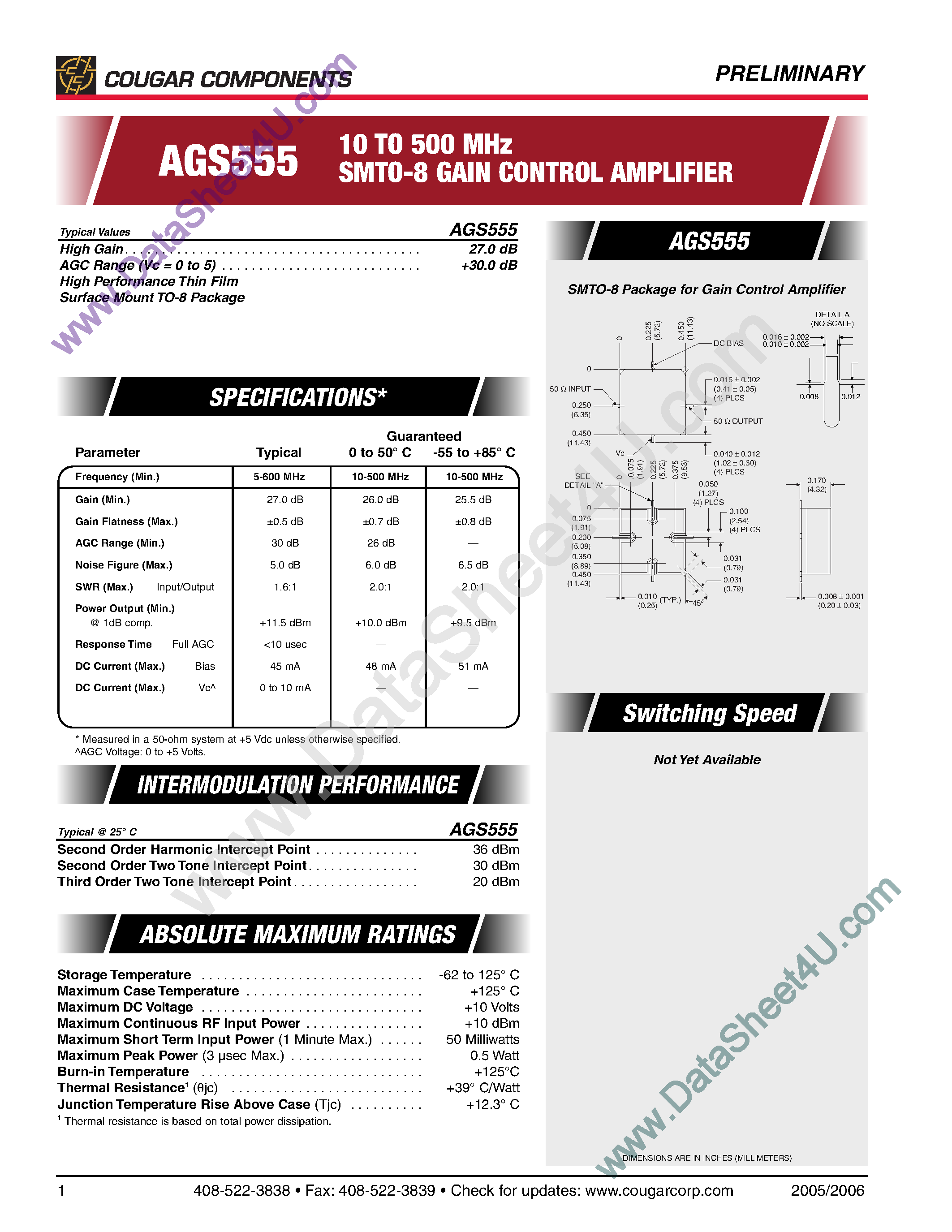 Даташит на микросхему AGS555 страница 1 Даташит AGS555 - SMTO-8 Gain Control Amplifier страница 1