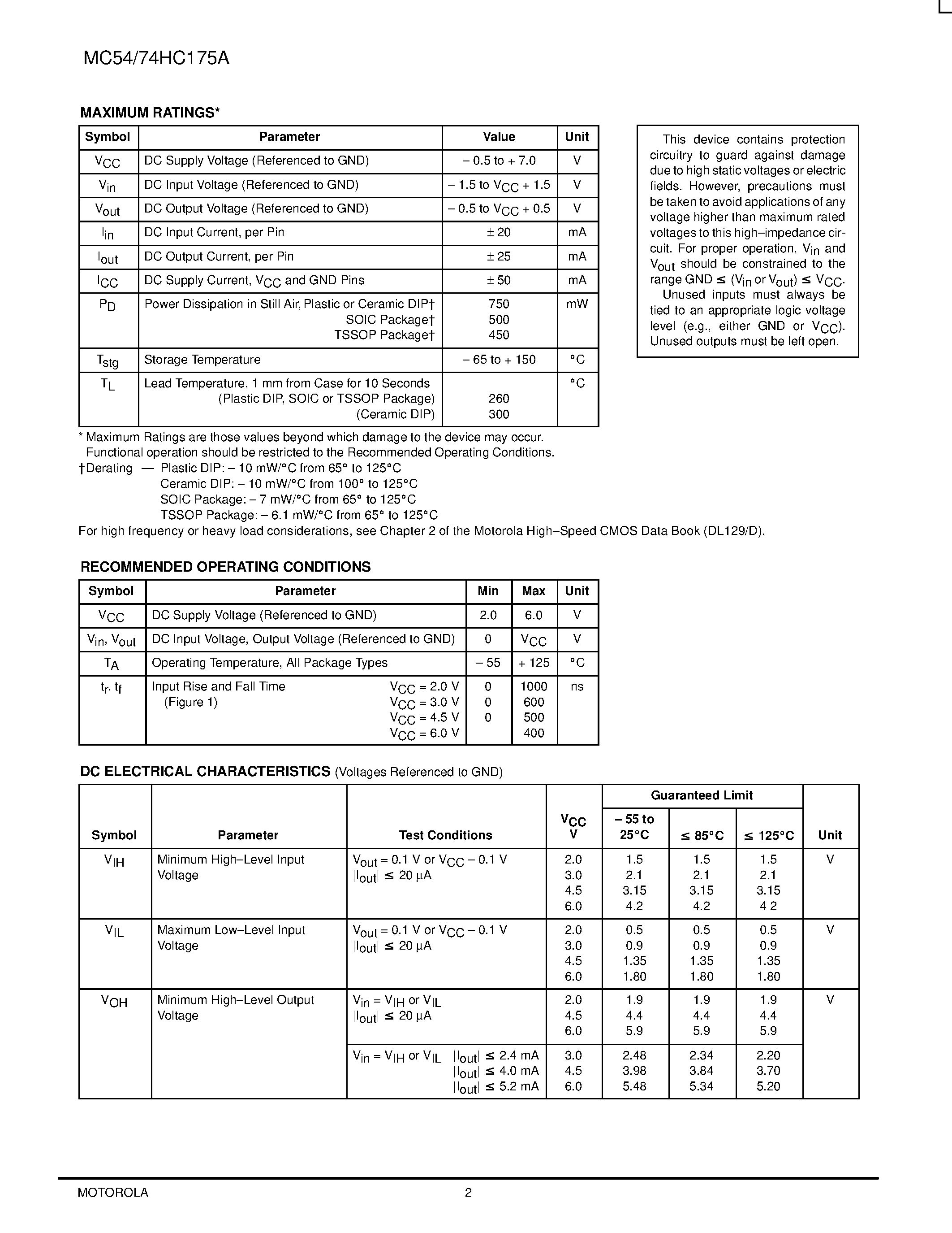 Даташит на микросхему MC54HC175A страница 2 Даташит MC54HC175A - Quad D Flip-Flop with Common Clck and Reset страница 2