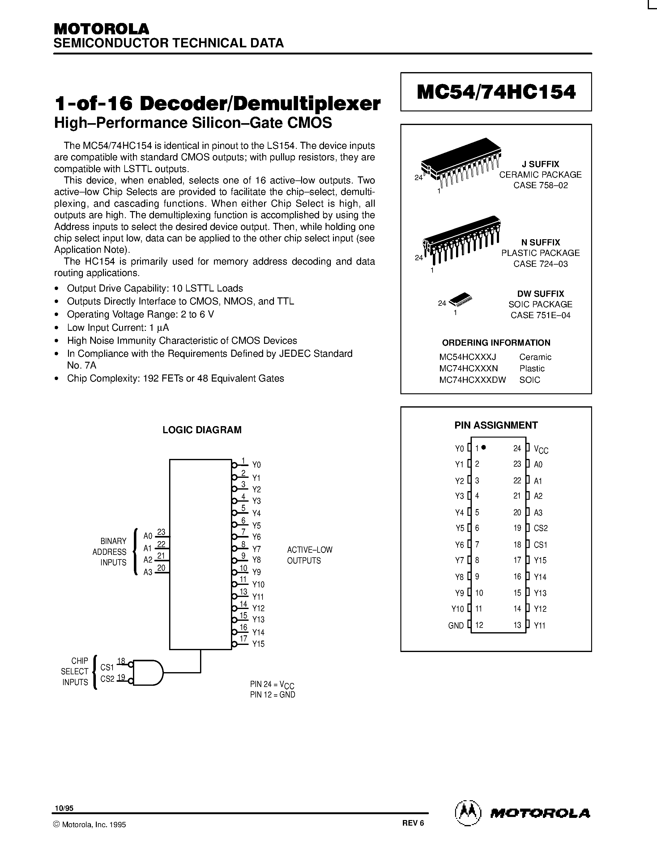 Даташит на микросхему MC54HC154 страница 1 Даташит MC54HC154 - 1-of-16 Decoder/Demultiplexer страница 1